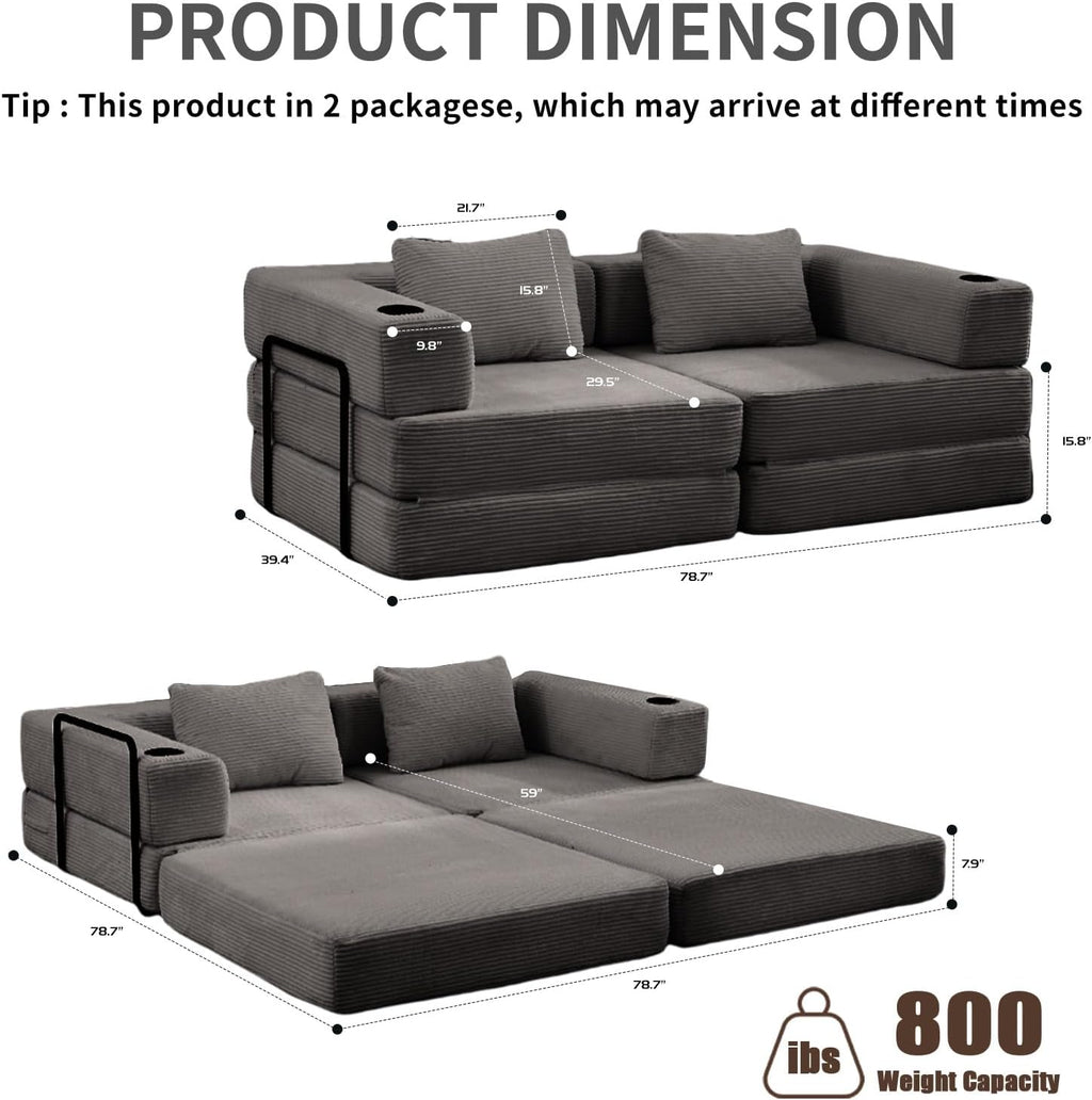 78' Loveseat Sleeper Sofa, 4 in 1 Convertible Floor Sofa Bed, Boneless Cloud Couch with Cup Holder, Fold Out Floor Couch for Living Room Bedroom Lounge, Corduroy, Dark Grey