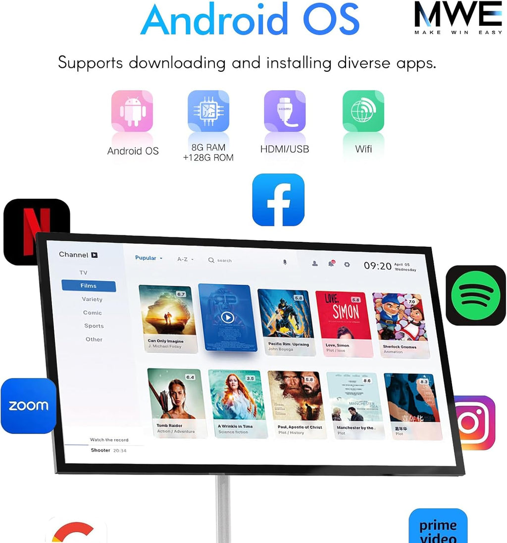 43 Inch Portable TV Smart Touch, 4K Rotatable TV LCD Display with Wires plugged in use, Android OS, Touch Screen, Type-C, USB, HDMI Port, on Wheels