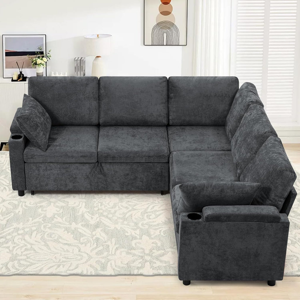 85' Chenille Reversible Sectional Sofa w/Pull Out Bed, Upholstery L-Shaped Couch w/Storage Armrests & Cup Holders, Modern Corner Sofa w/USB Charging Port & Throw Pillow for Living Room, Grey