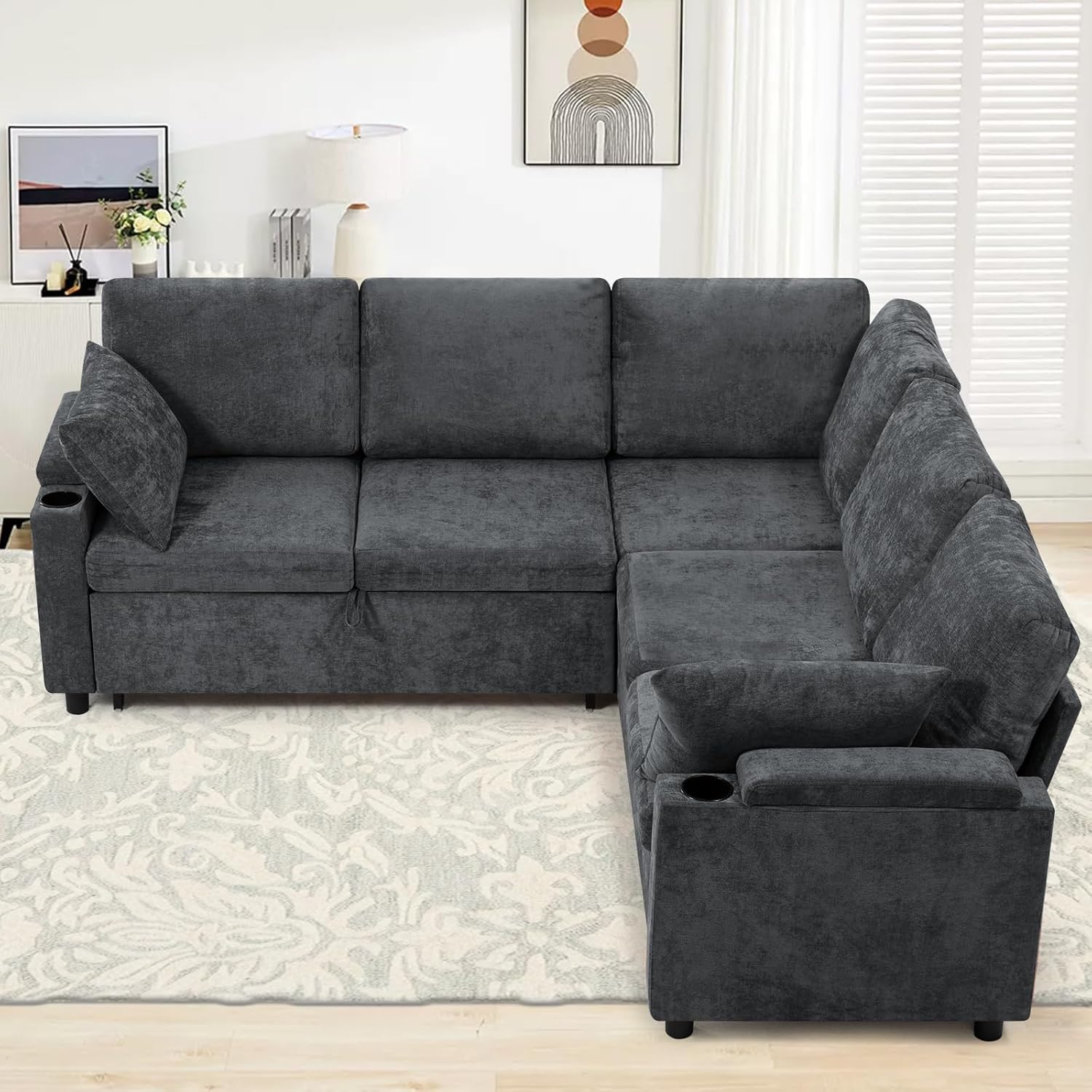 85' Chenille Reversible Sectional Sofa w/Pull Out Bed, Upholstery L-Shaped Couch w/Storage Armrests & Cup Holders, Modern Corner Sofa w/USB Charging Port & Throw Pillow for Living Room, Grey