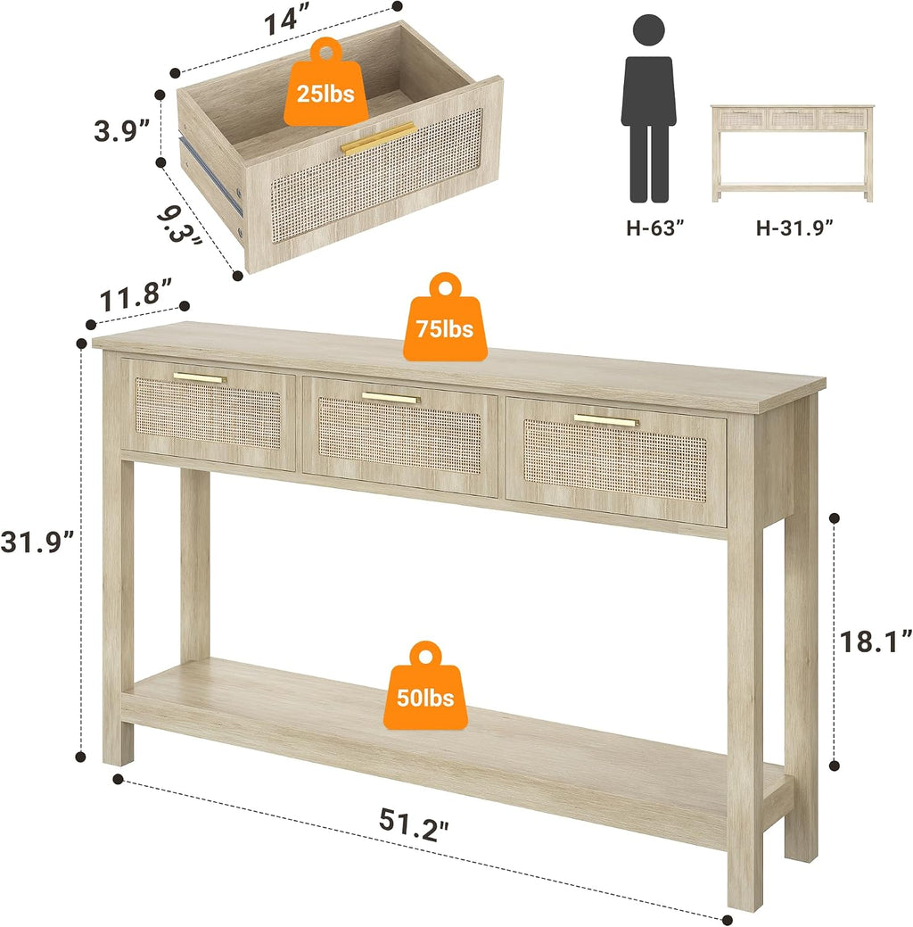 ELYKEN Rattan 51.2' Console Table with 3 Drawer, Entryway Table with Drawer & Shelf, Boho Sofa Table Behind Couch Foyer for Living Room, Hallway, Natural Wood