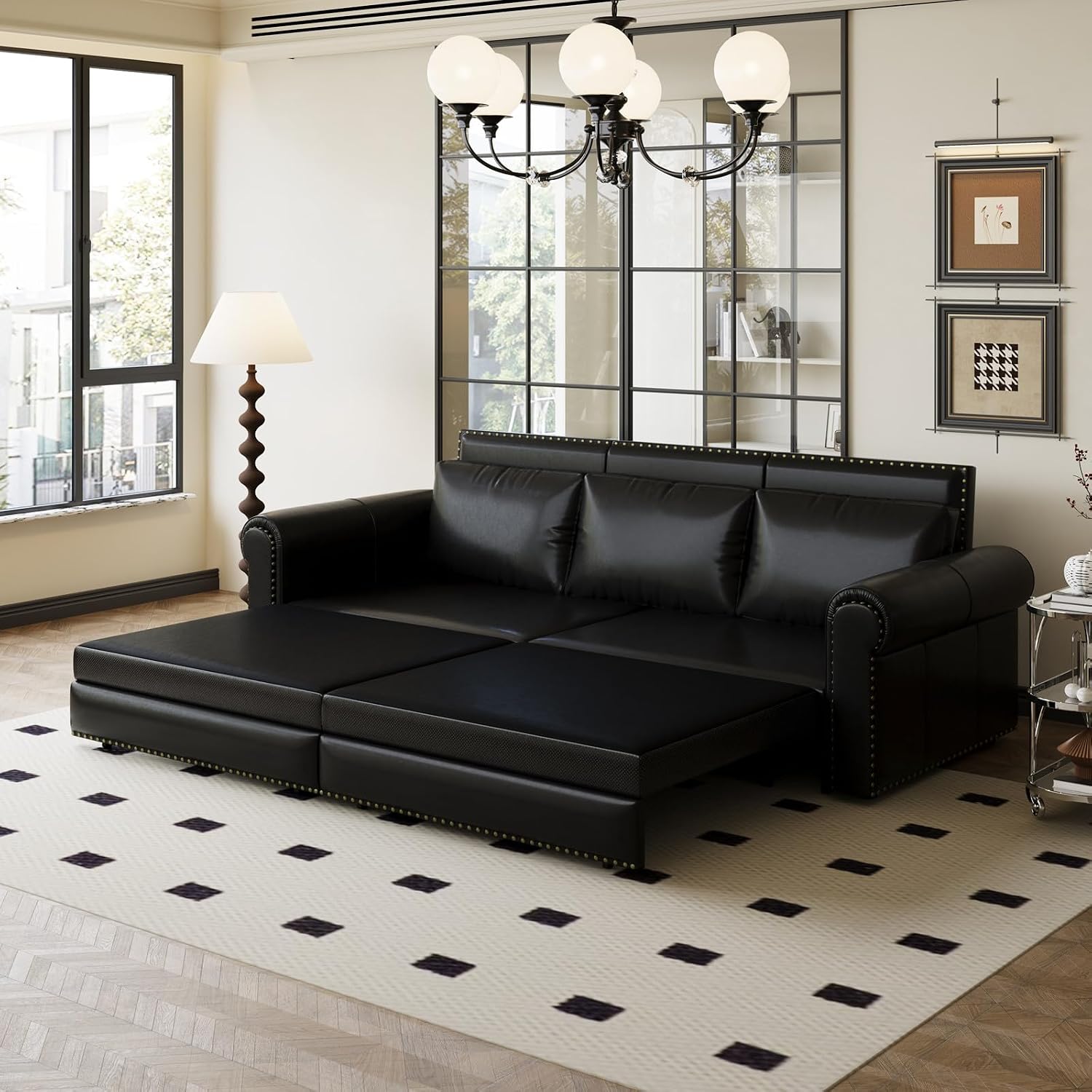 Faux Leather Sleeper Sofa Couch with Pullout Bed, 93.7' King Size Sleeper Sofa Bed, 3 in 1 Convertible Sofa Bed with Nailhead Trim & Rolled Arm for Living Room Bedroom Office (Black)