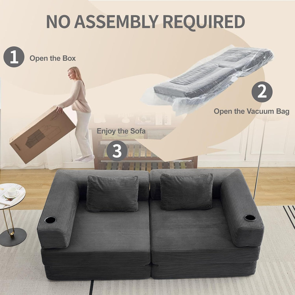 78' Loveseat Sleeper Sofa, 4 in 1 Convertible Floor Sofa Bed, Boneless Cloud Couch with Cup Holder, Fold Out Floor Couch for Living Room Bedroom Lounge, Corduroy, Dark Grey