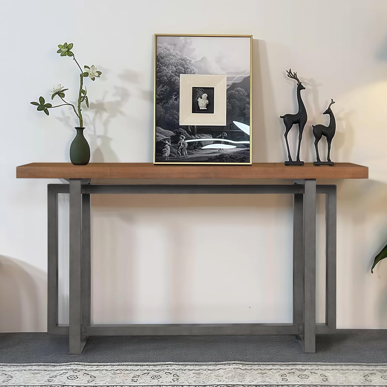 LKTART 59.05-Inch Long Behind Couch Sofa Table for Living Room, Farmhouse Console Table with Storage, Narrow Accent Entryway Tables for Hallway Entrance Foyer (Brown+Grey)