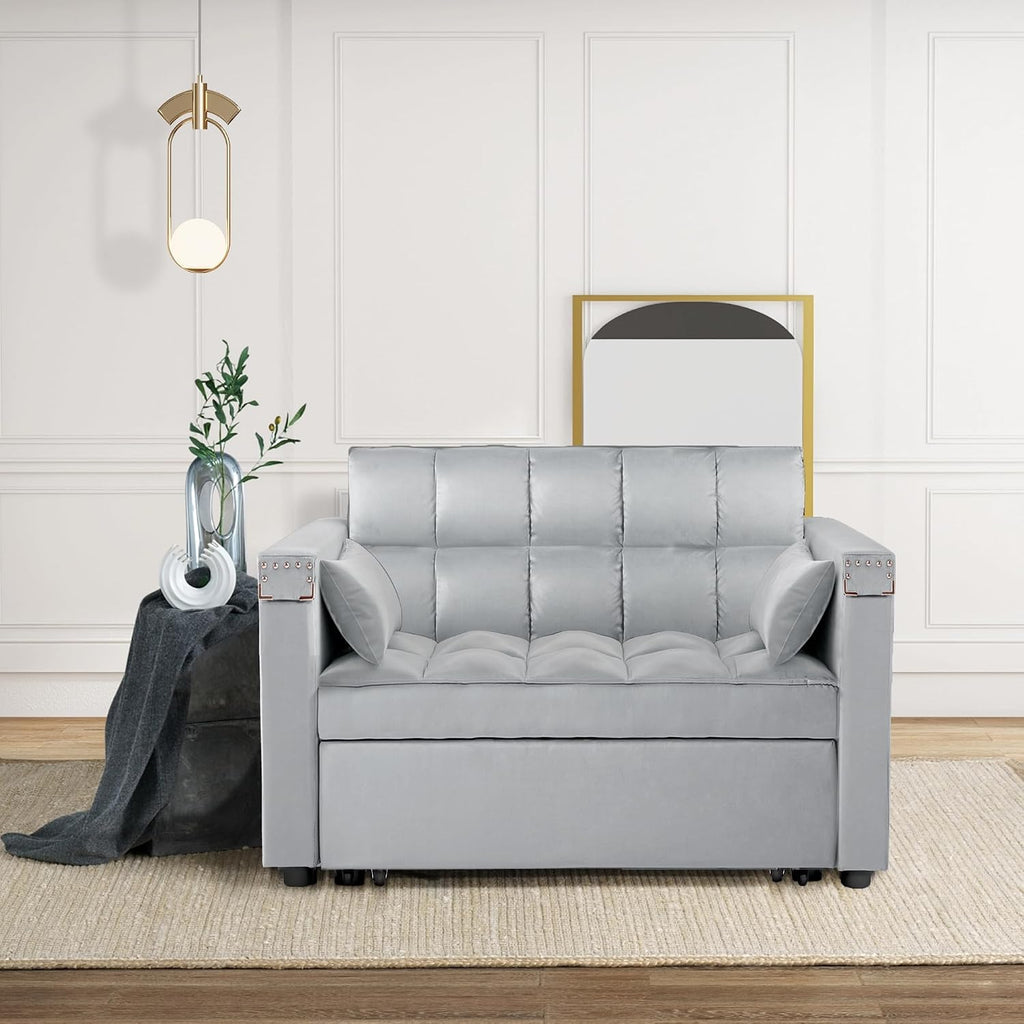 weselon Velvet Convertible 3 in 1 Sleeper Sofa Bed, Small Upholstered Loveseat Pull Out Couch, Multi-Functional Sleeper Futon with Hidden Table and Adjustable Backrest for Living Room (Gray)