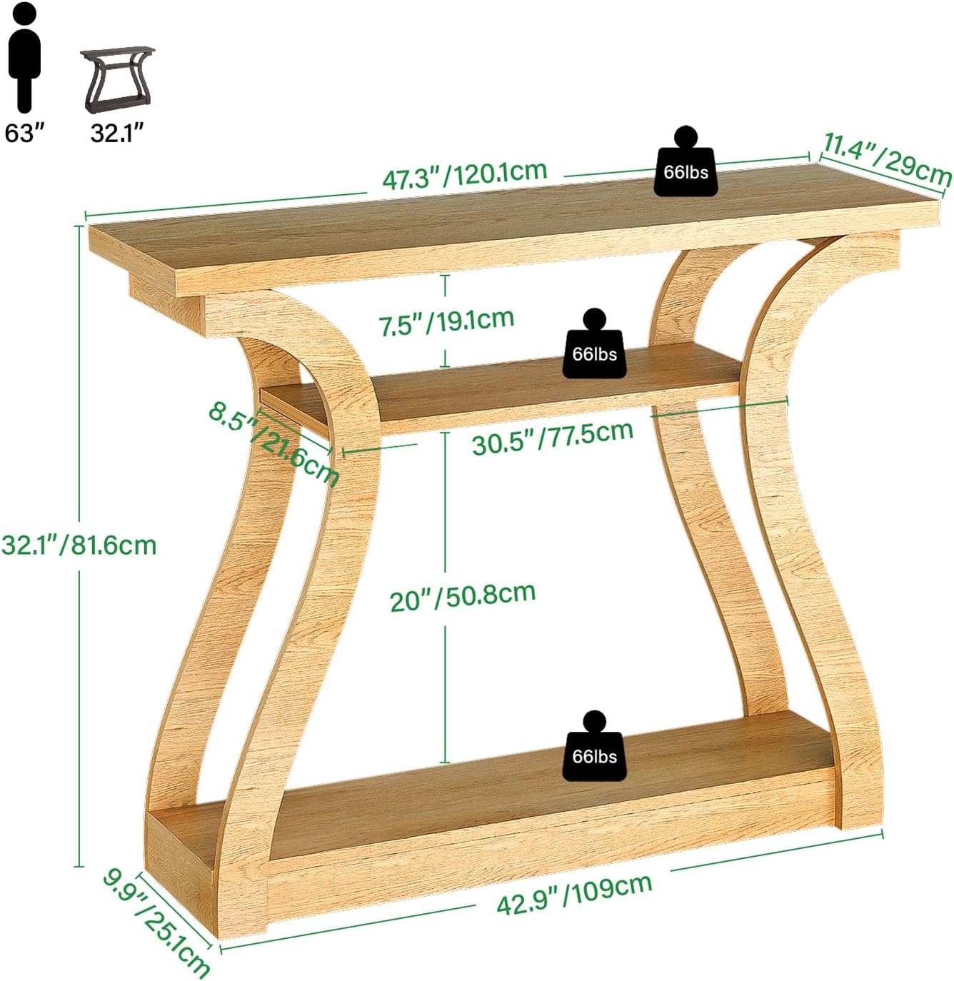 Wooden Console Table with Curved Legs and Shelf, 3-Tier Modern Accent Narrow Sofa Table for Entrance Area, Living Room, Hallway, 47 in Wide Wood Console Table for Entryway (Nature)