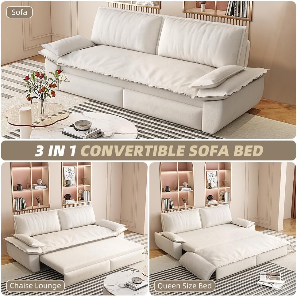 Velvet 73.2'' Queen Size Sleeper Sofa Bed, Loveseat 3-in-1 Convertible Sofabed, Love Seat Pullout Couch, Space Saving for Living Room, Apartment - Beige-White