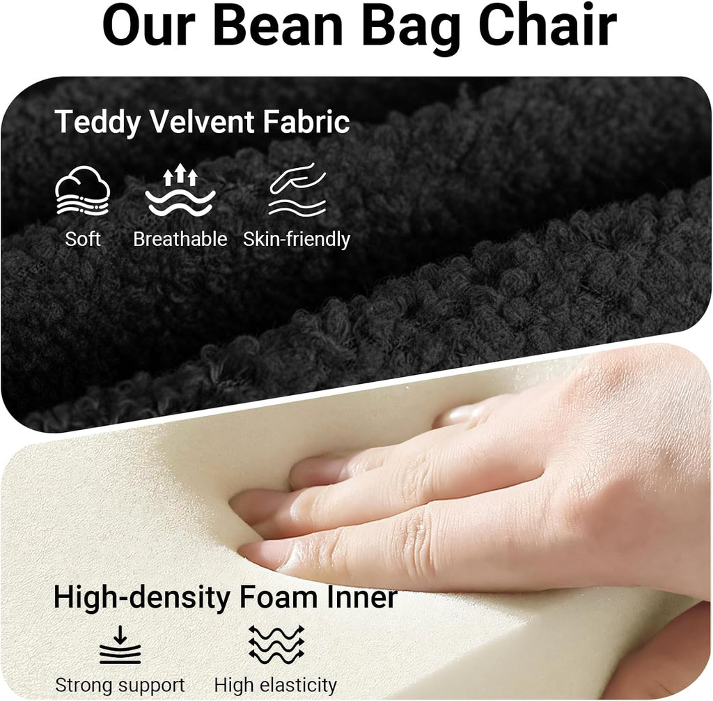 Large Bean Bag Chairs for Adults, Fireside Chair for Living Room with Memory Foam Filled, Accent Sofa Lounge Lazy Floor Sofa for Gaming Reading Relaxing Bedroom, No Assembly Required Black