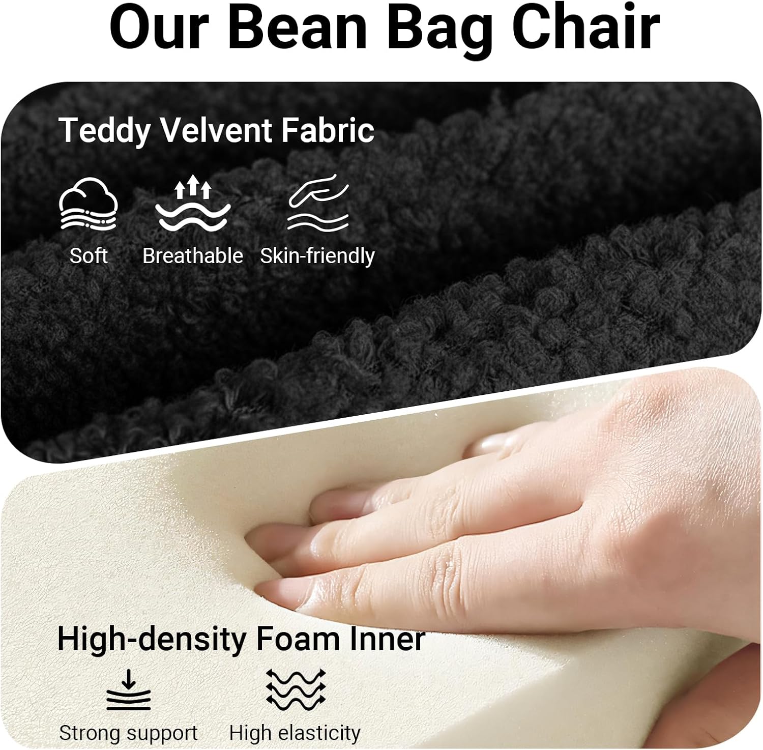 Large Bean Bag Chairs for Adults, Fireside Chair for Living Room with Memory Foam Filled, Accent Sofa Lounge Lazy Floor Sofa for Gaming Reading Relaxing Bedroom, No Assembly Required Black