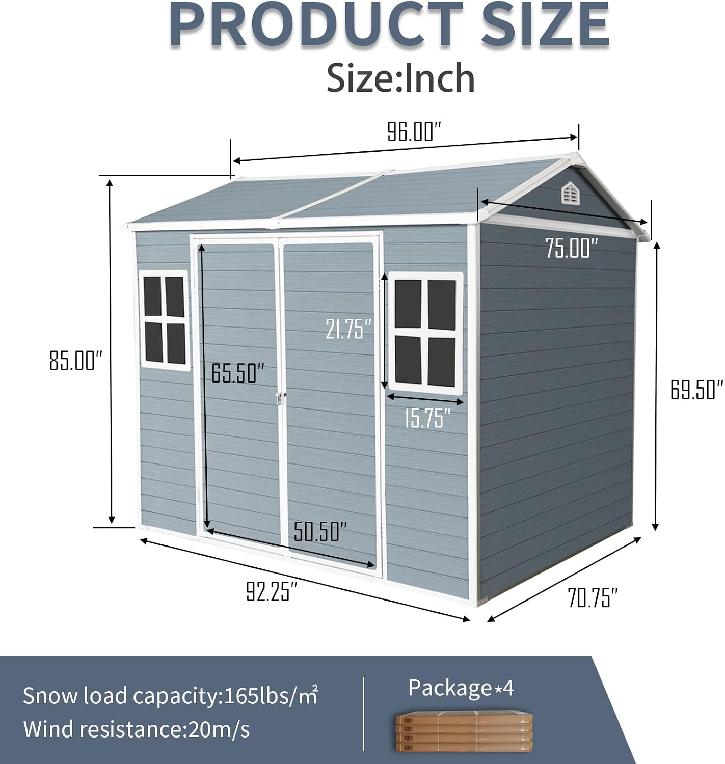 Outdoor Storage Shed with Two-Window and Double-Door, Resin Storage Shed with Lockable Door, Plastic Shed with Floor for Gargen, Patio, Yard, Lawn (Light Gray, 8 x 6 FT)