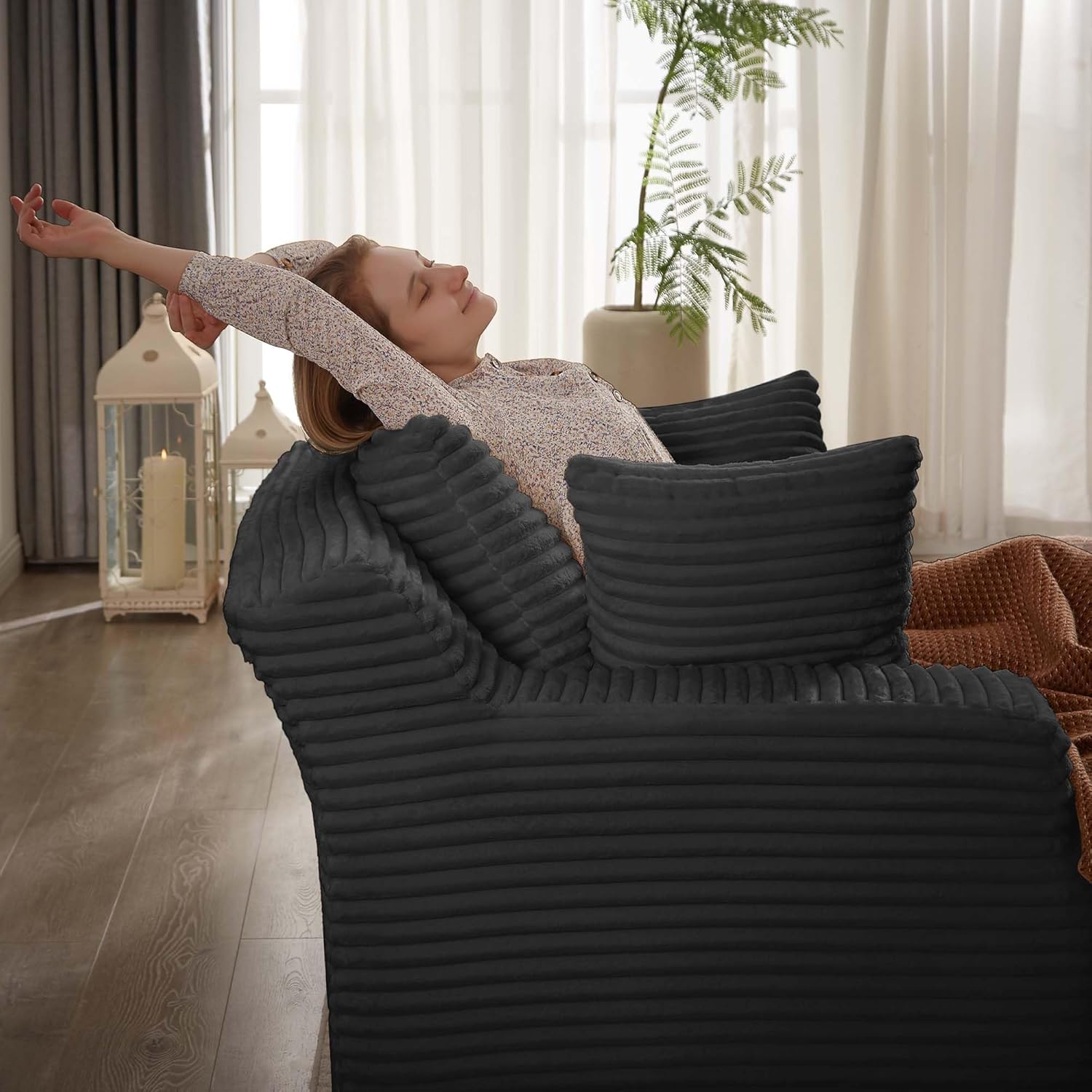 Tmsan Oversized Chaise Lounge Chair Indoor, 78.7' Extra Deep Boneless Corduroy Lounge Couch Bed with 2 Pillows, Single Seat Reading Chairs for Living Room,Bedroom,Apartment,No Assembly Required