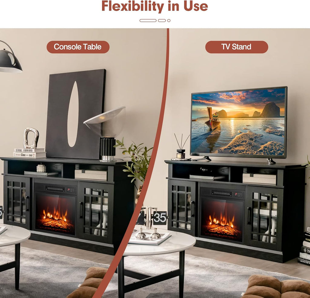 COSTWAY Electric Fireplace TV Stand for TVs Up to 55 Inches, 18-Inch Fireplace Insert with Remote, Overheat Protection, 48-Inch Wooden Media Entertainment Center with Adjustable Shelves, Black
