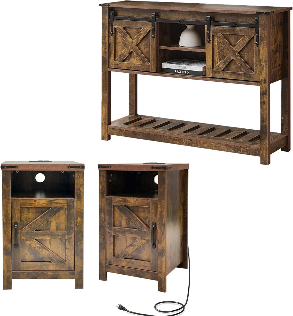 Farmhouse Entryway Table Set of 3, Console Table with Storage and 2 End Tables, Rustic Sofa Table Set for Living Room, Hallway, Bedroom, Brown