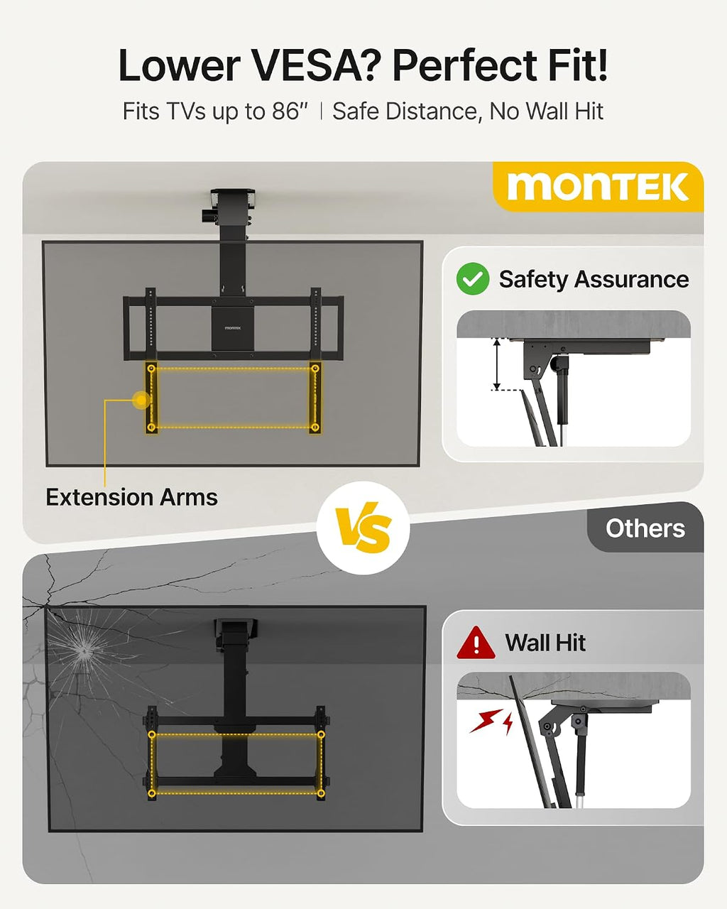 monTEK Motorized Ceiling TV Mount for 43-86 Inch TVs, Heavy-Duty 121lbs (4X Load Tested), Off-Center VESA Compatible, Electric Flip Down with Remote/App/Voice Control, Fits Flat & Pitched Roof