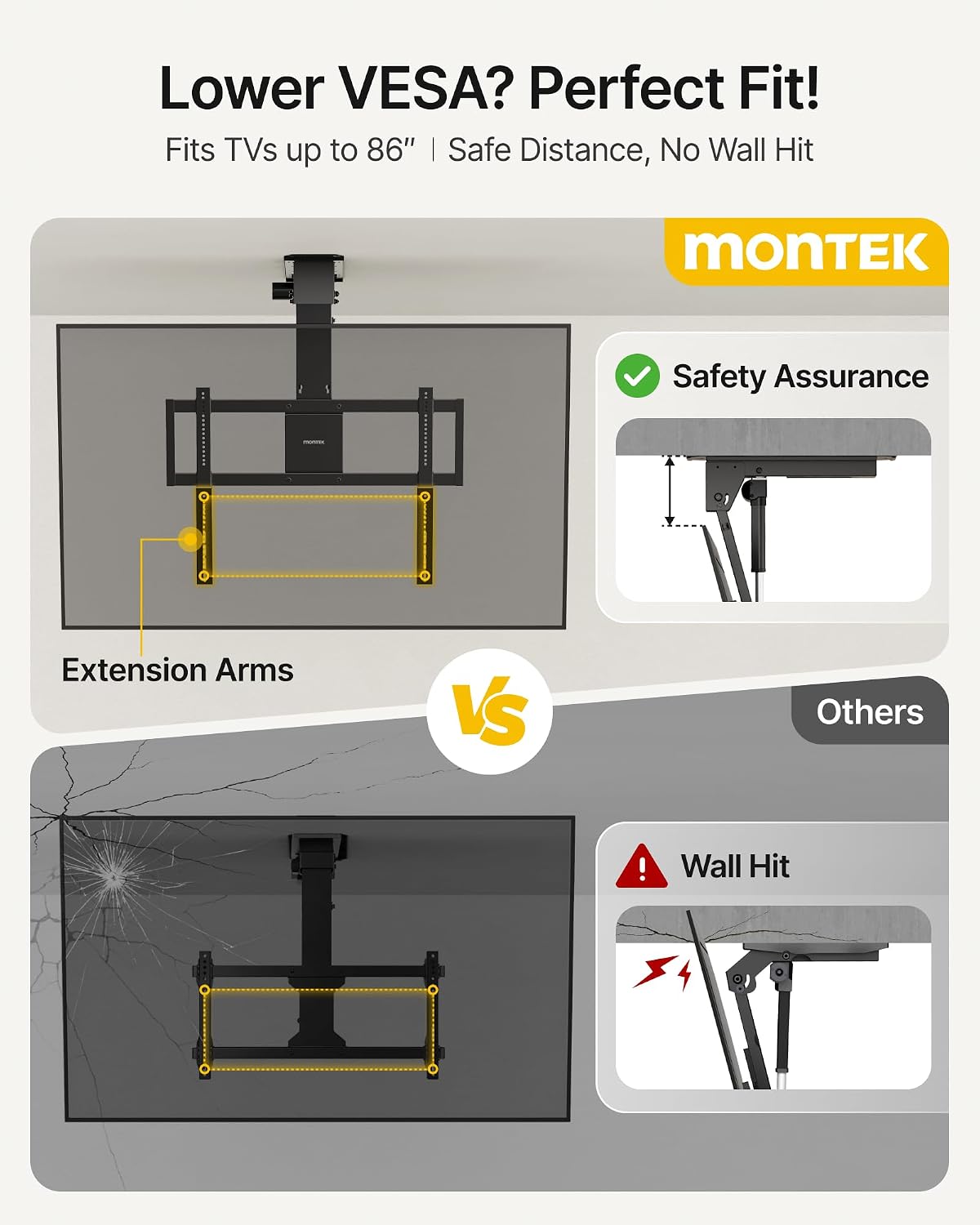 monTEK Motorized Ceiling TV Mount for 43-86 Inch TVs, Heavy-Duty 121lbs (4X Load Tested), Off-Center VESA Compatible, Electric Flip Down with Remote/App/Voice Control, Fits Flat & Pitched Roof