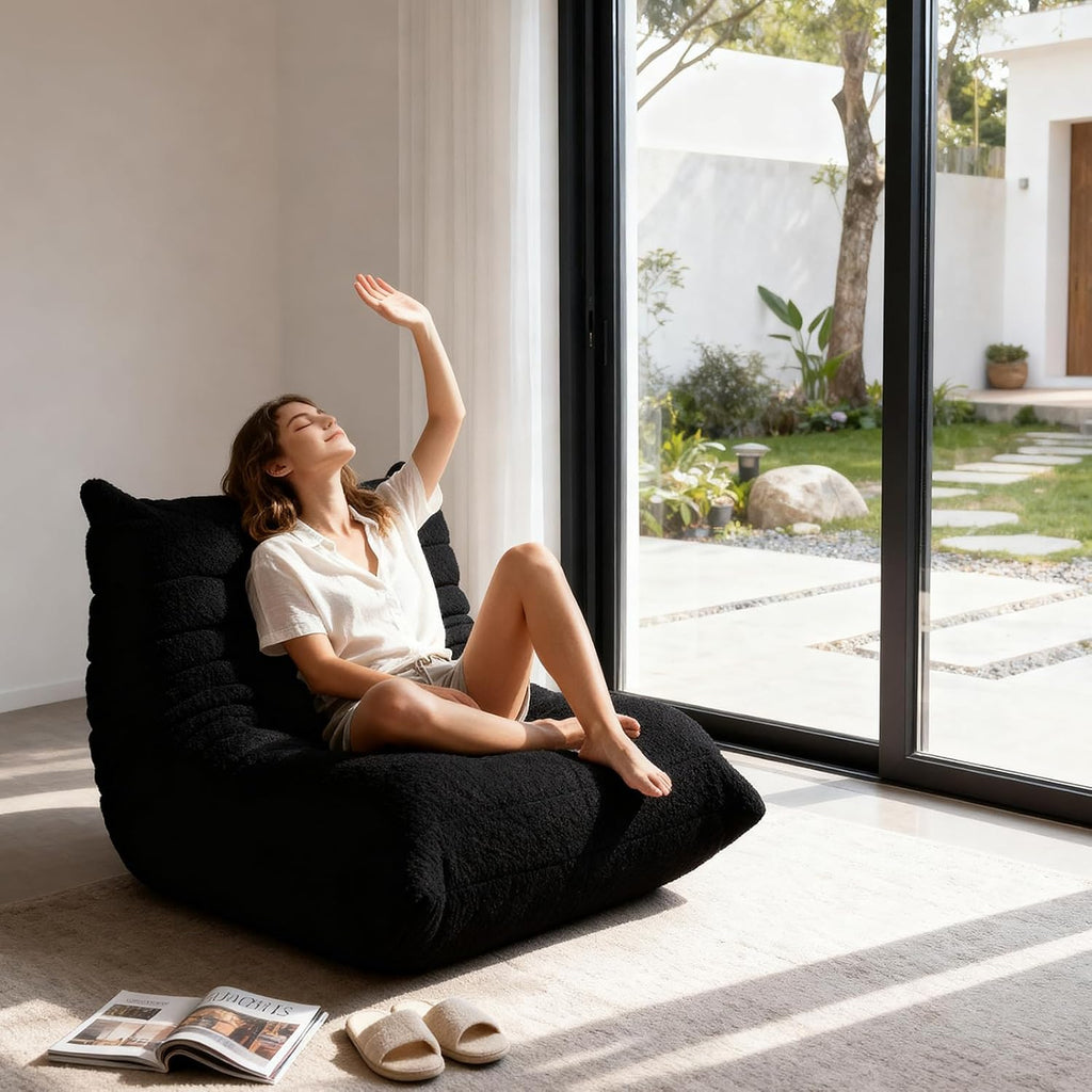 Large Bean Bag Chairs for Adults, Fireside Chair for Living Room with Memory Foam Filled, Accent Sofa Lounge Lazy Floor Sofa for Gaming Reading Relaxing Bedroom, No Assembly Required Black