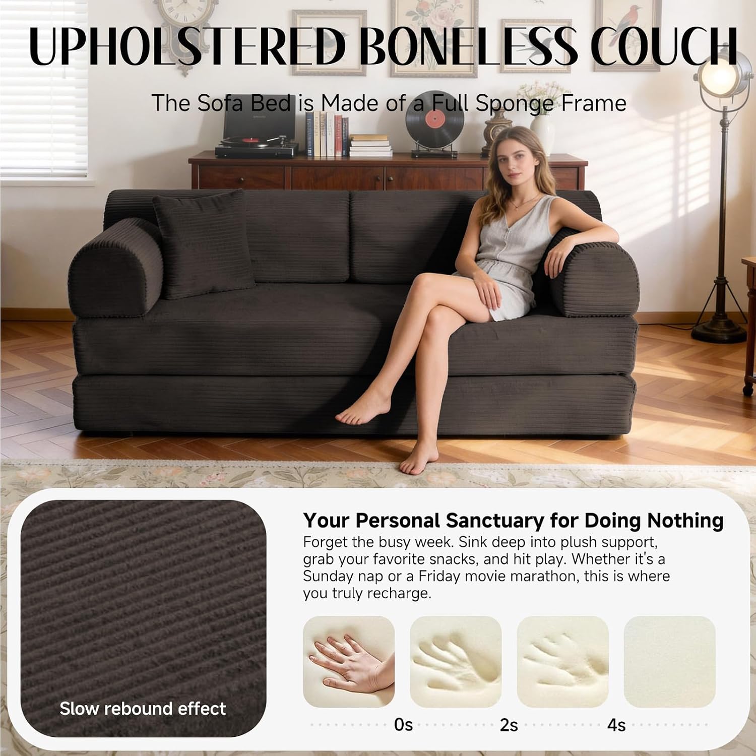 79'' Convertible Sofa Bed, 6 in 1 Folding Floor Futon Couch Sleeper with Fixed Frame, Corduroy Modular Sofa Bed with Removable Armrests & Pillows, No Assembly for Living Room Bedroom (Brown)