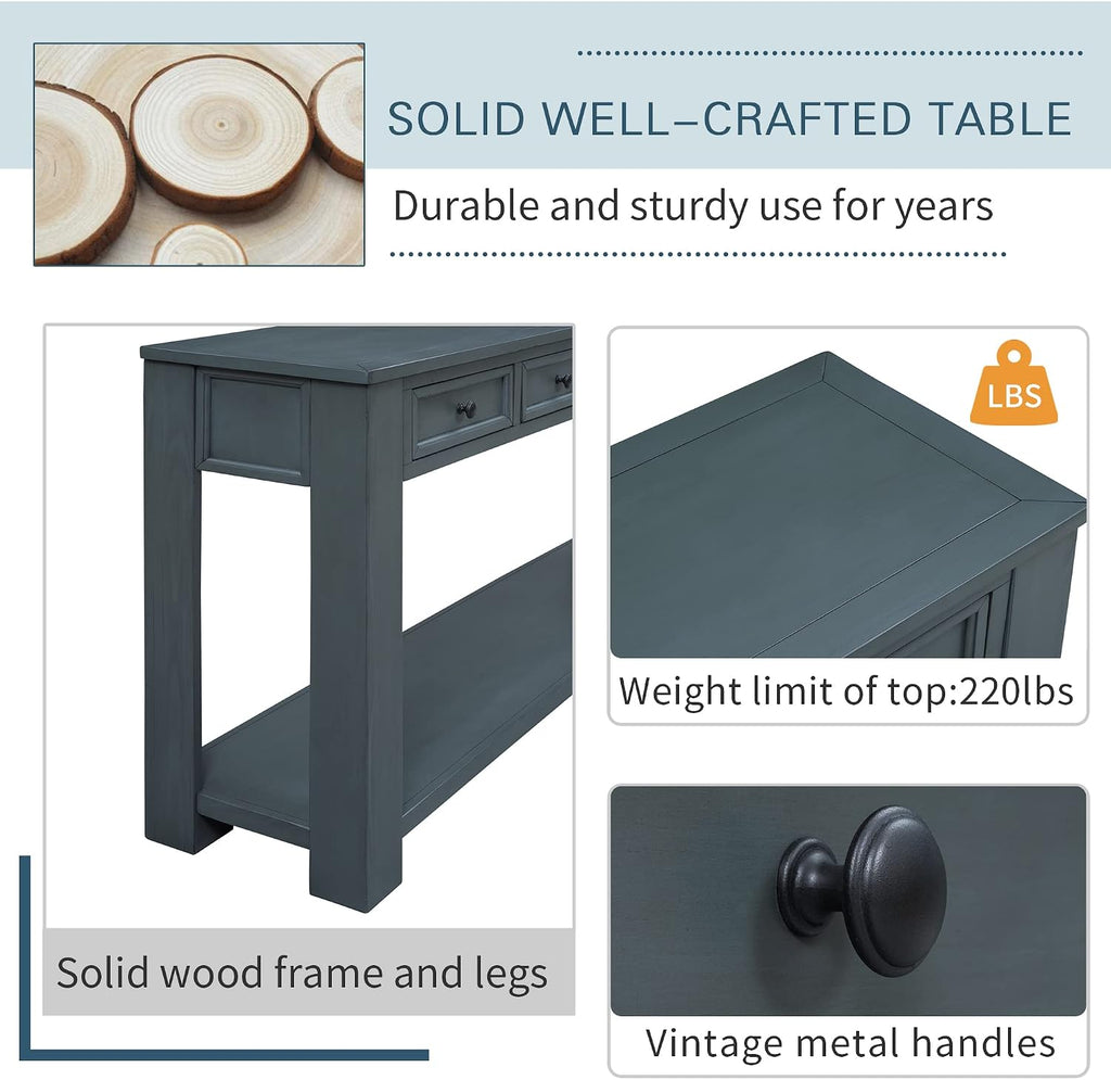 LKTART Solid Wood Console Table, Long Sofa Table Entryway Table with 4 Drawers and Bottom Shelf for Hallway Living Room Couch Table,Easy Assembled (63' Navy)