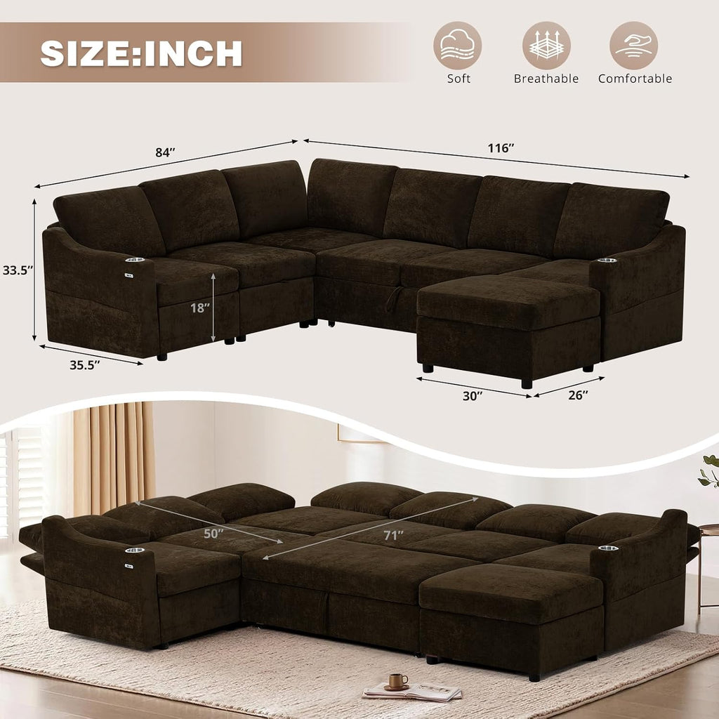 116' Chenille Modular Sofa Bed w/Adjustable Backrests, U-Shape Sleeper Sofa w/USB Ports & Storage Space, Convertible Corner Sectional Couch w/Pull Out Bed for House, Living Room, Brown