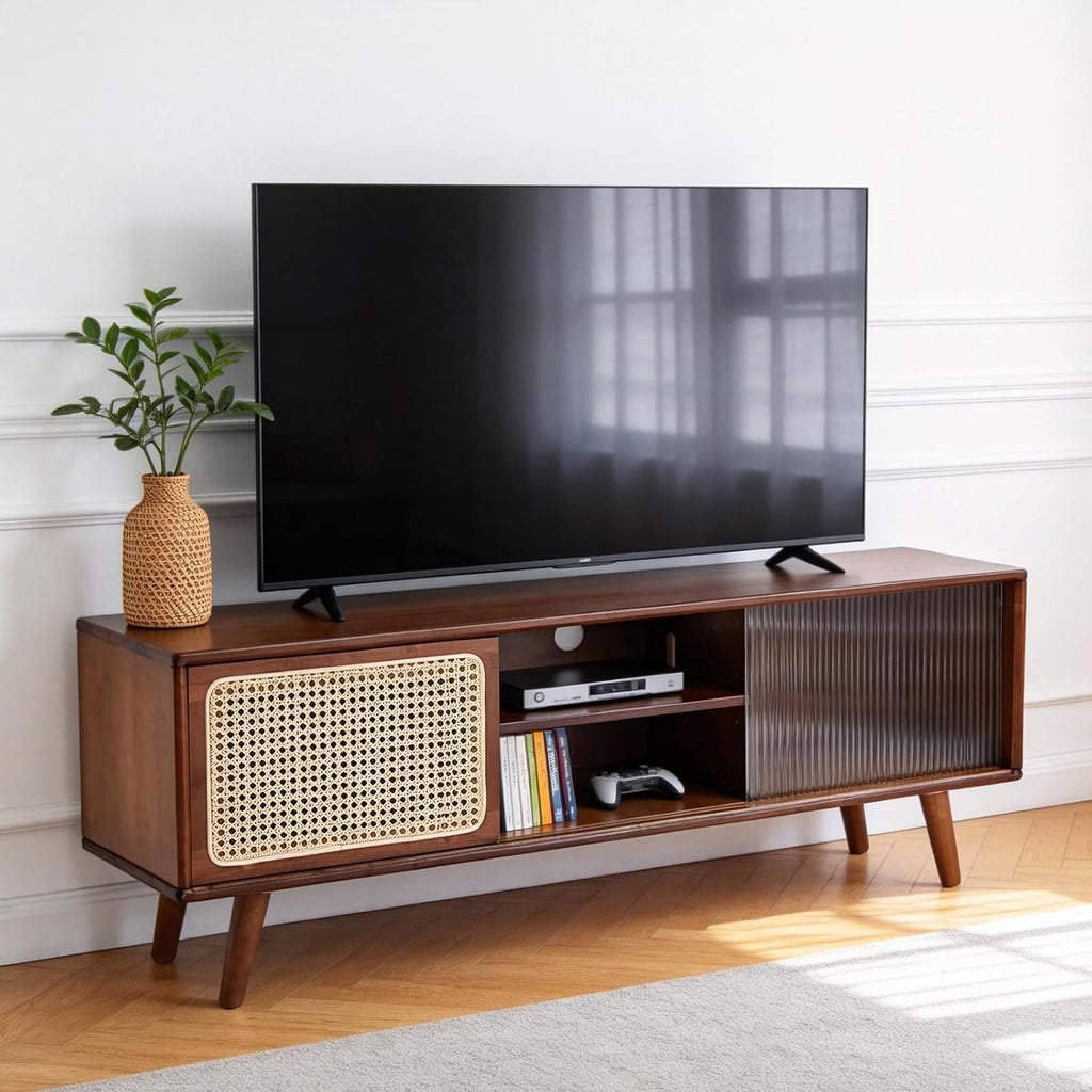 Tiita Rattan TV Stand for 55 Inch TV, Bamboo TV Cabinet with Adjustable Shelf and Storage, Boho Entertainment Center, Mid Century Modern Media Console for Bedroom, Living Room, Study, Walnut
