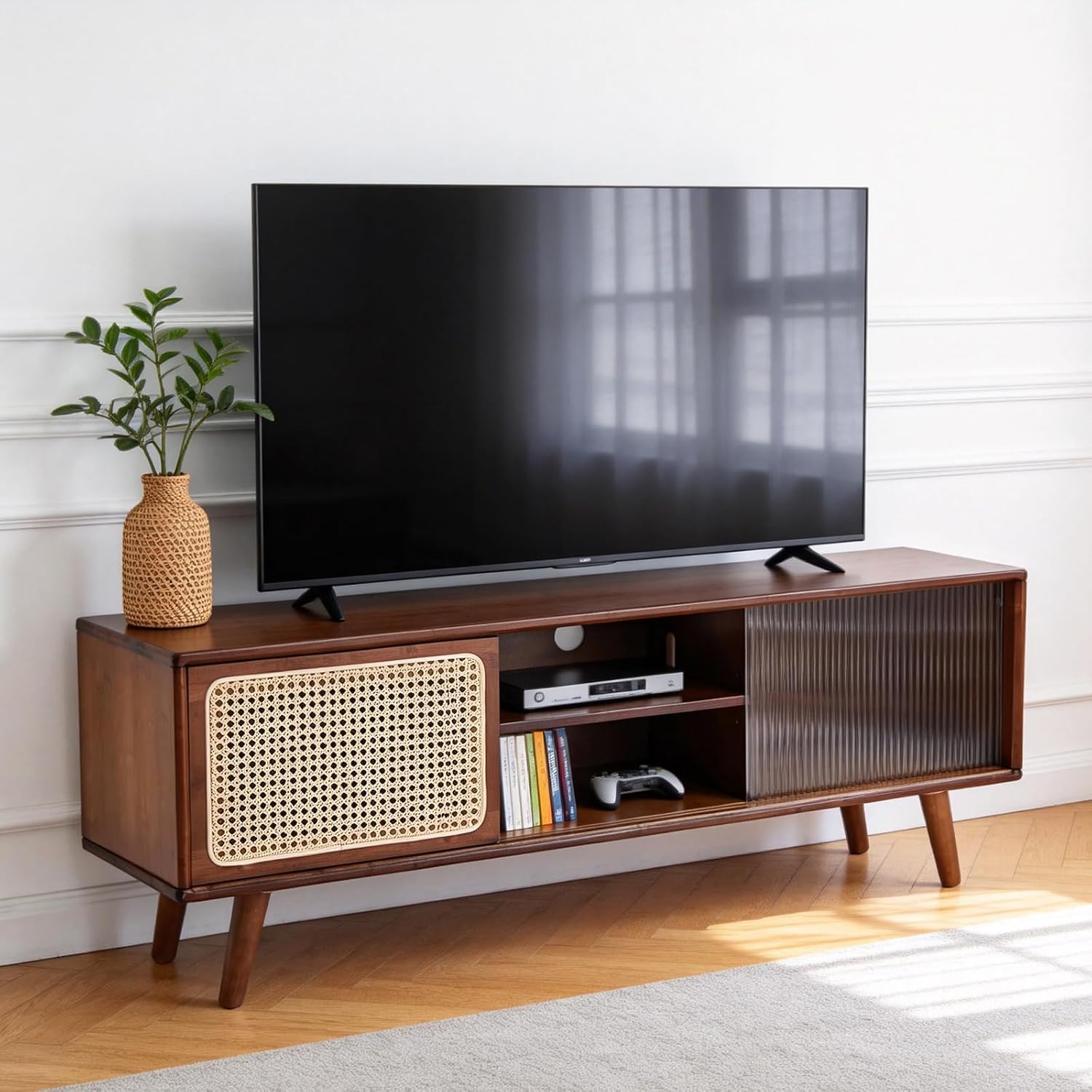 Tiita Rattan TV Stand for 55 Inch TV, Bamboo TV Cabinet with Adjustable Shelf and Storage, Boho Entertainment Center, Mid Century Modern Media Console for Bedroom, Living Room, Study, Walnut