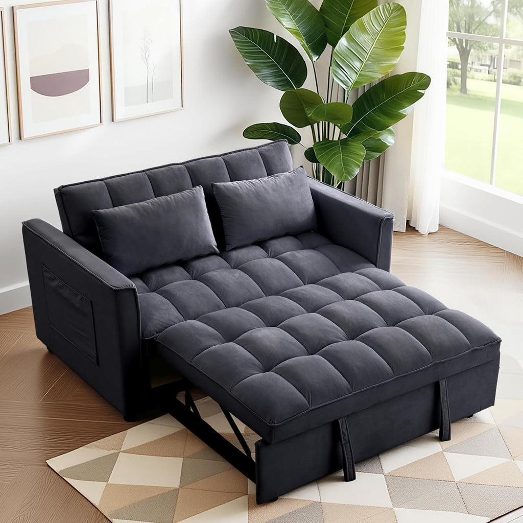 FLEXISPOT XCT4 Pull Out Couch, 3-in-1 Loveseat Sleeper Sofa Bed with Adjustable Backrest, Pillows, Side Pockets, Convertible Futon Sofa for Small Spaces, Apartment, Dorm, Guest Room, Black