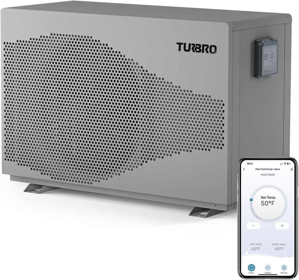 TURBRO 58,000 BTU Inverter Swimming Pool Heat Pump, Up to 18,000 Gallons, Up to 15.8 COP, Smart WiFi Control, Heating & Cooling for Inground and Above Ground Pools, 220-240V, Beluga B58V