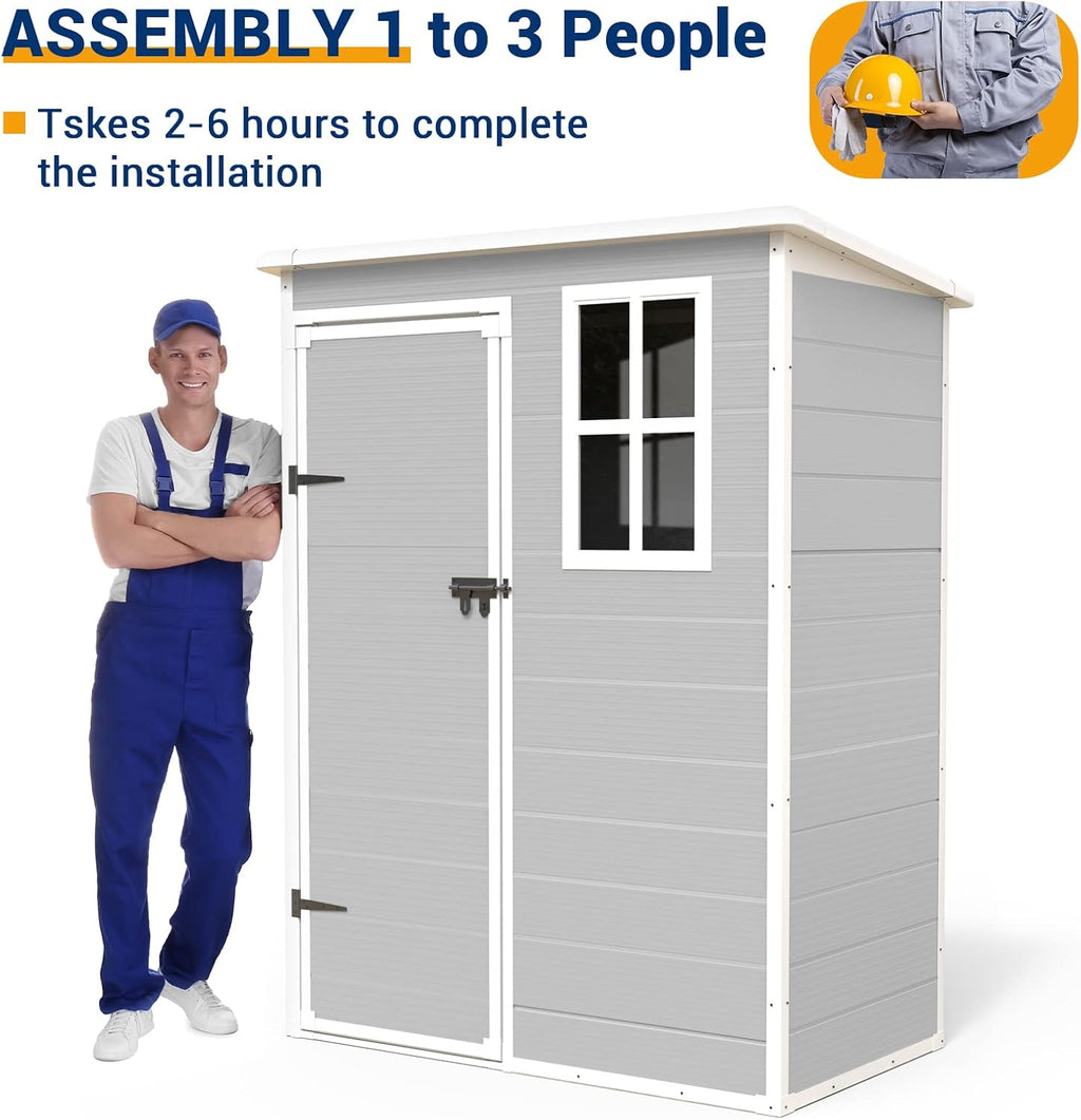 UDPATIO Outdoor Storage Shed 5x3 FT, Resin Garden Shed for Bike, Garbage Can, Tool, Plastic Outside Sheds & Outdoor Storage Storage Box with Lockable Door for Backyard, Patio, Lawn, Grey & White