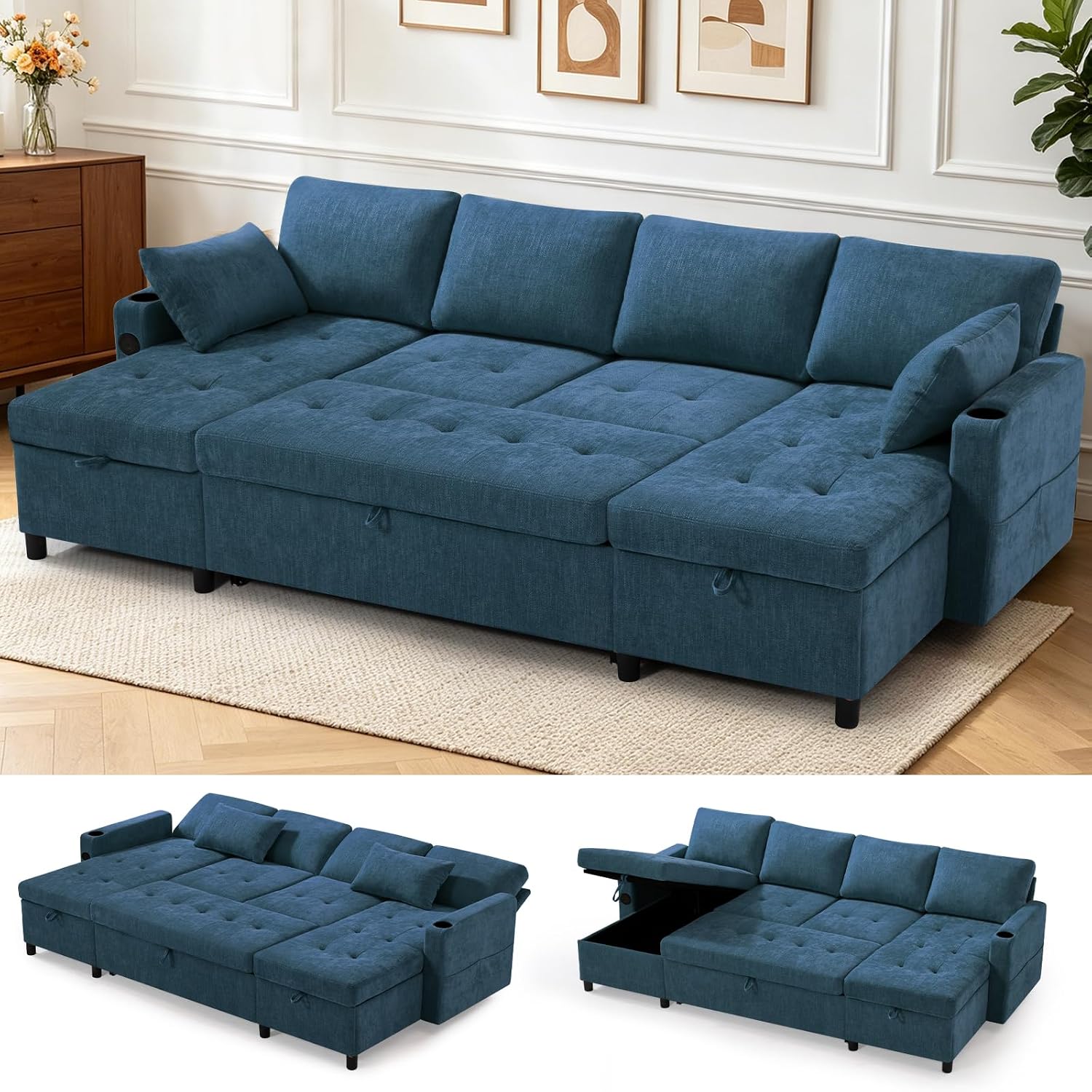 110' Sectional Pull Out Sofa Bed with Adjustable Backrests, U-Shaped Sleeper Sofa with USB Ports, Upholstered Reversible Couch with Cup Holder & Storage Space for Living Room, House, Blue