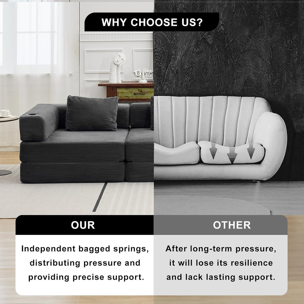 118' Oversized Convertible Floor Sofa Bed, Boneless Foldable Mattress Cloud Couch with Pillow Back & Armrest, Fold Out Floor Couch with Cup Holder for Living Room Bedroom Lounge, Corduroy, Dark Grey