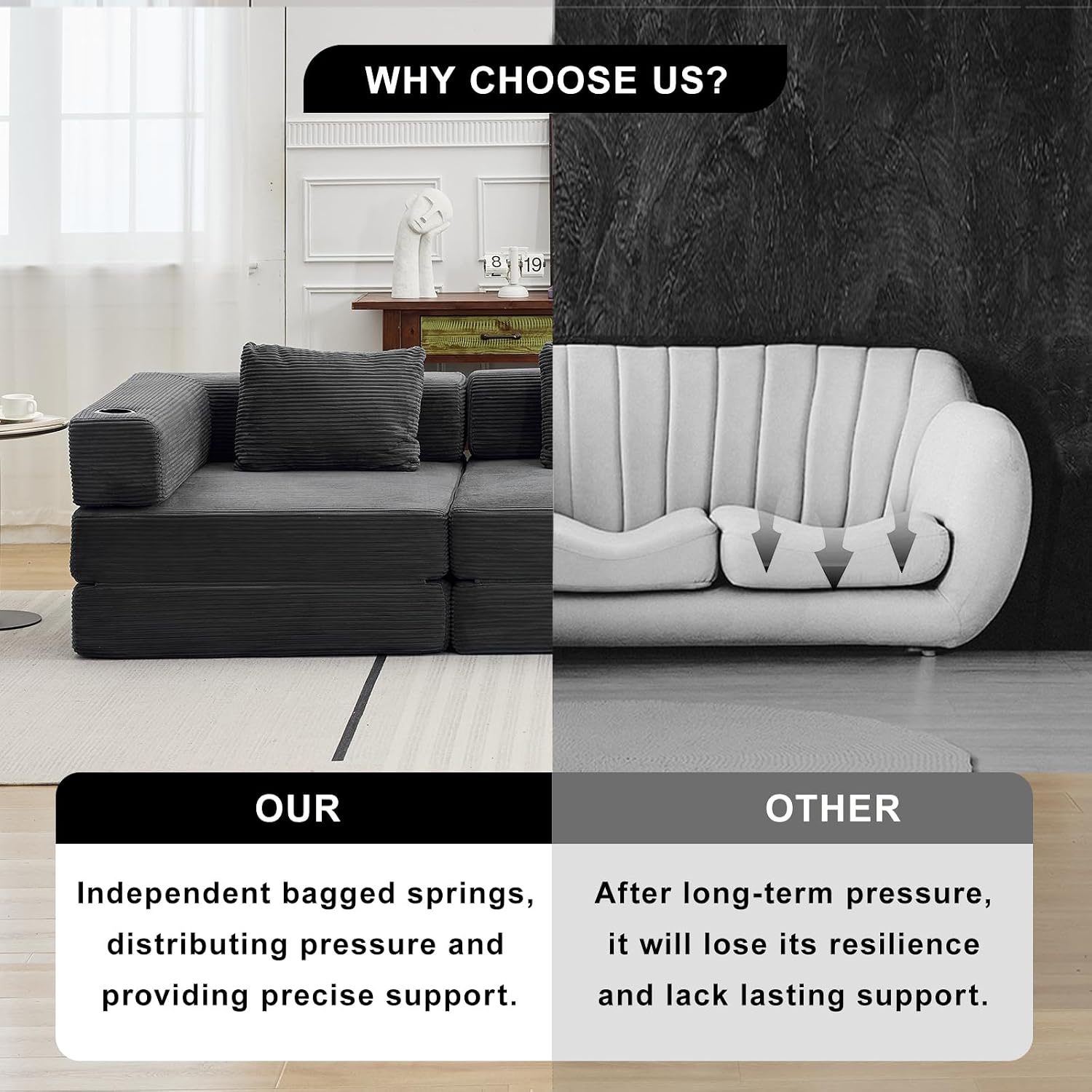 118' Oversized Convertible Floor Sofa Bed, Boneless Foldable Mattress Cloud Couch with Pillow Back & Armrest, Fold Out Floor Couch with Cup Holder for Living Room Bedroom Lounge, Corduroy, Dark Grey