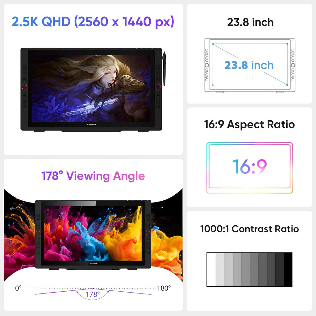 XPPen Artist 24 Pro 2.5K QHD Drawing Tablet with Screen,16.7M Colors Graphics Tablet with 8192 Pen Pressure Battery-Free Tilt Stylus and XPPen PA2 8192 Pen Pressure Battery-Free Stylus