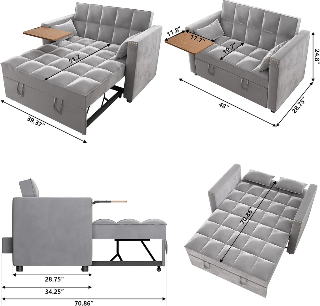 weselon Velvet Convertible 3 in 1 Sleeper Sofa Bed, Small Upholstered Loveseat Pull Out Couch, Multi-Functional Sleeper Futon with Hidden Table and Adjustable Backrest for Living Room (Gray)