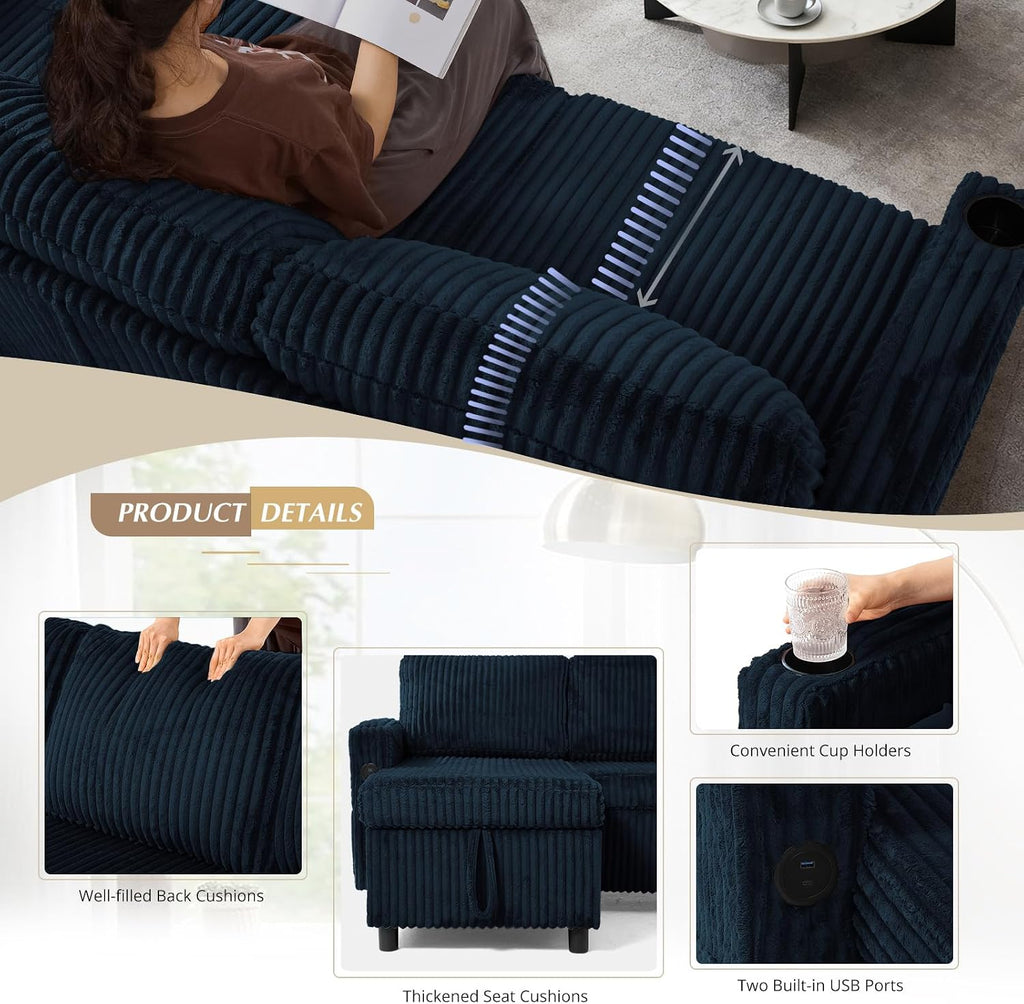 84' Corduroy Pull Out Sofa Bed w/Adjustable Backrests, Sectional L-Shape Sleeper Sofa w/Storage Chaise, Convertible Couch Bed w/USB Charging Port & Cup Holders for Living Room, House, Blue