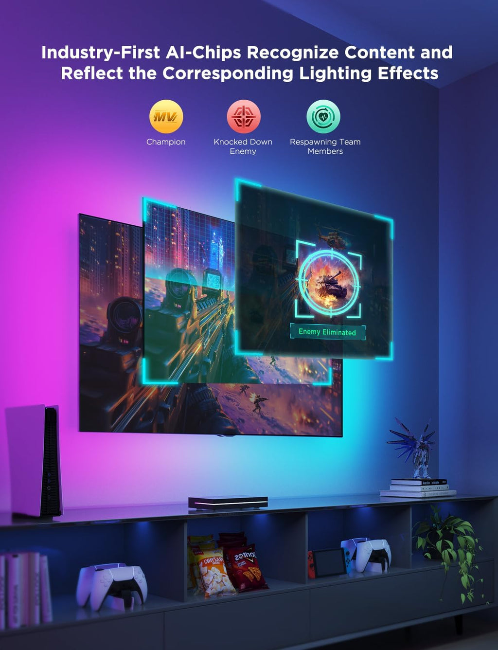 Govee HDMI 2.1 Sync Box 2, AI Sync Box with TV Backlight, Supports 8K@60Hz, 4K@144Hz, VRR and ALLM, Works with SmartThings, Matter and Alexa, RGBIC LED Light Strip for 75-85 inch TVs, 75 LEDs/m