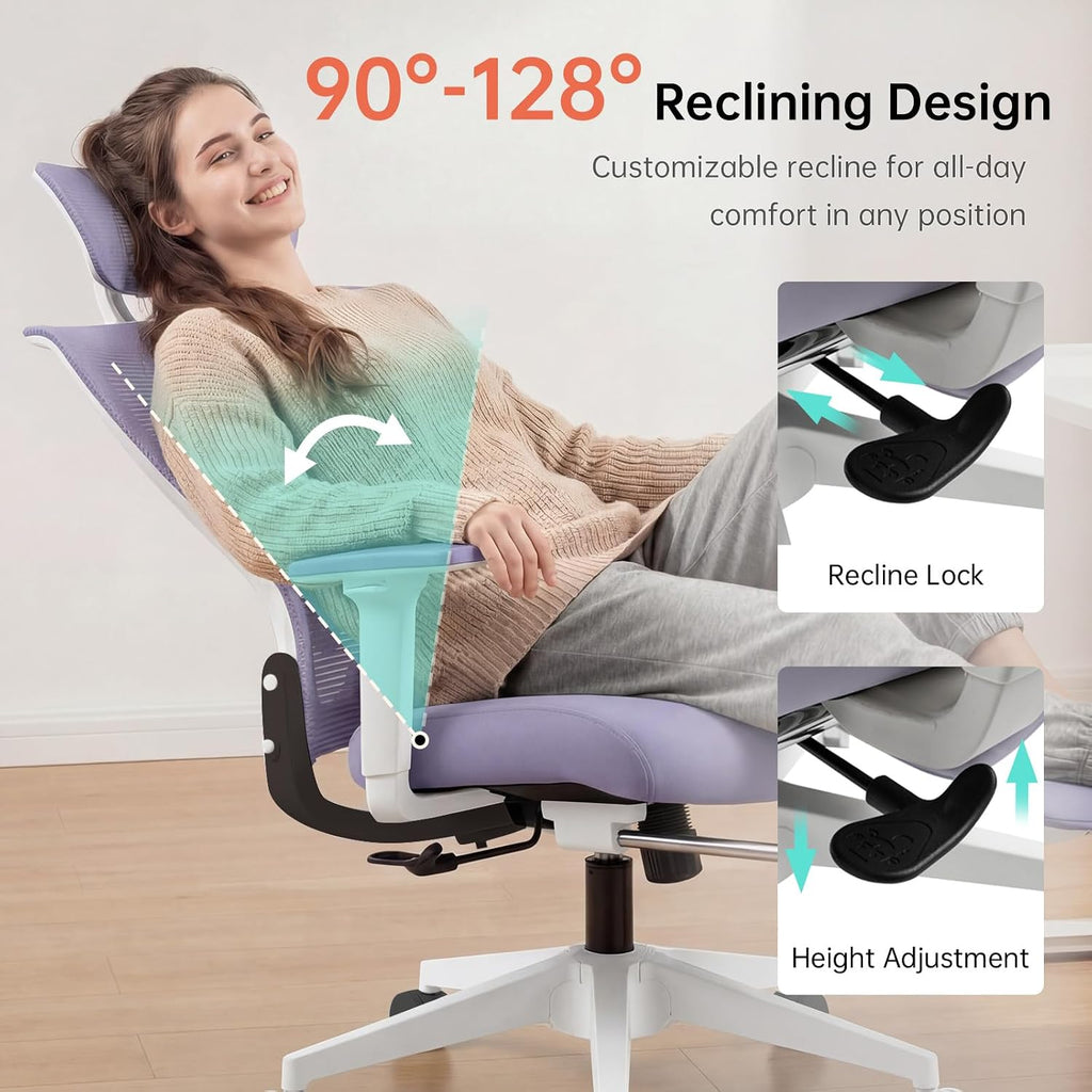 Foldable Office Chair with Foot Rest, Ergonomic Office Chair with Adjustable Lumbar Support, Headrest, Armrest, Home Office Desk Chair for Space Saving, Work from Home, Purple