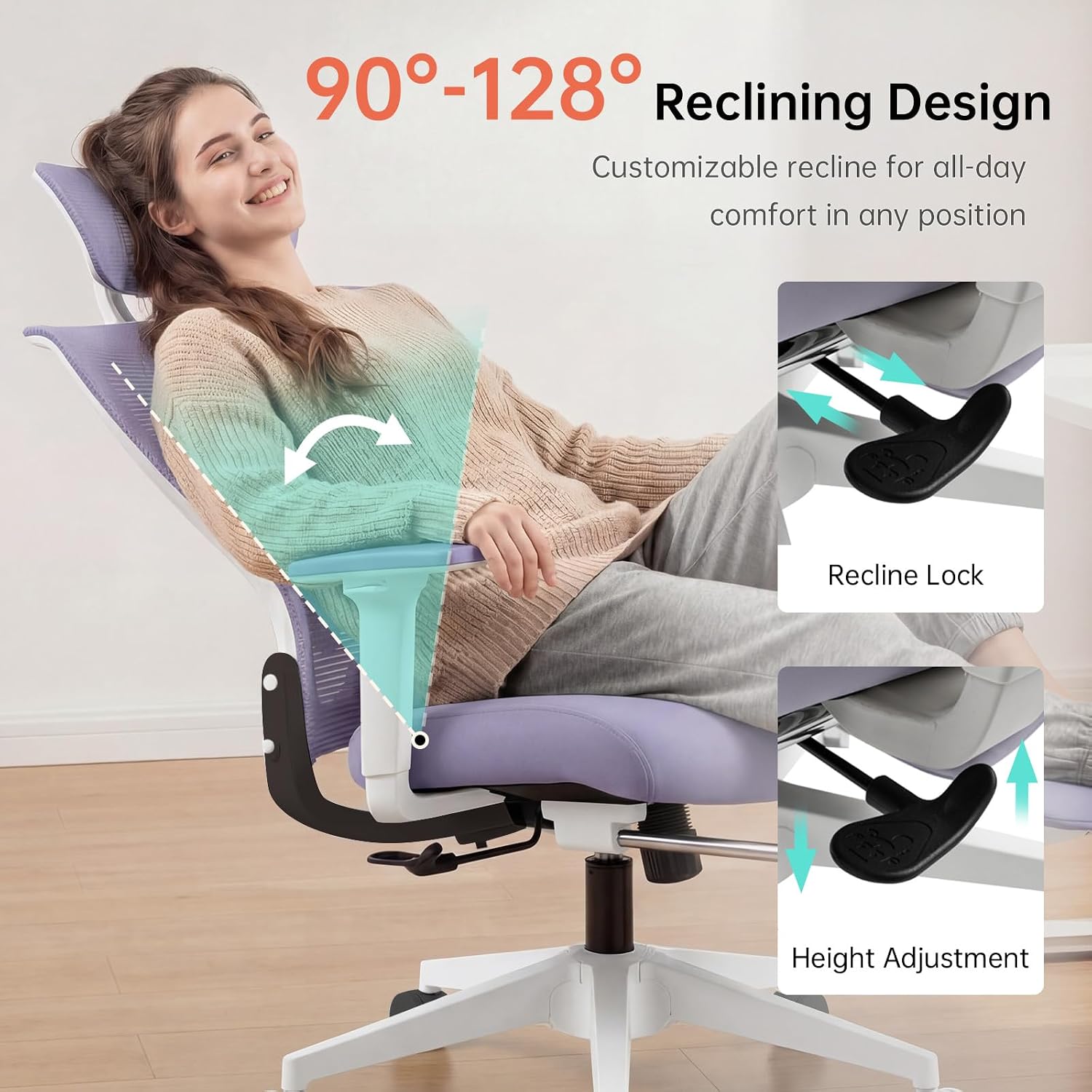 Foldable Office Chair with Foot Rest, Ergonomic Office Chair with Adjustable Lumbar Support, Headrest, Armrest, Home Office Desk Chair for Space Saving, Work from Home, Purple