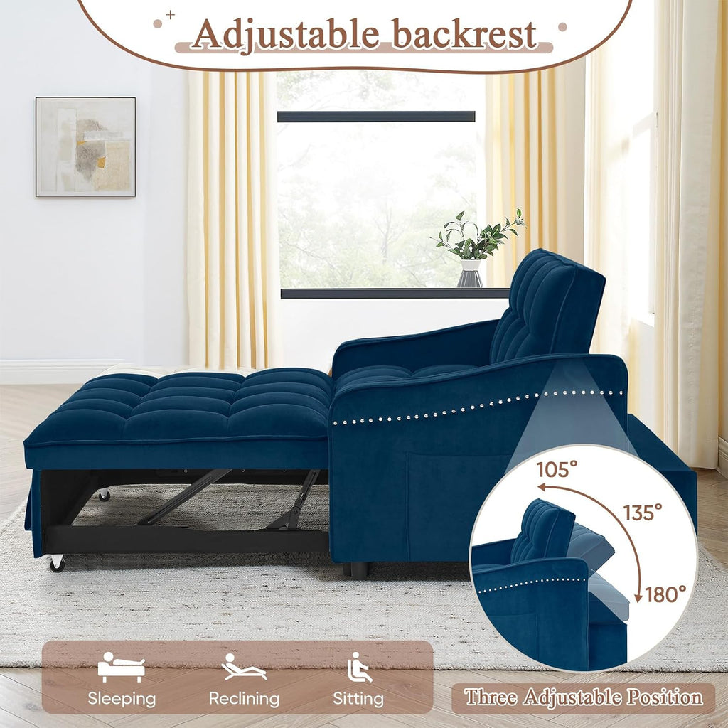 Antetek 3 in 1 Sleeper Sofa Couch Bed with USB & Type C Port, 52' Small Modern Convertible Tufted Velvet Loveseat Sofa w/Pull Out Bed for Living Room Small Space Apartment, Blue