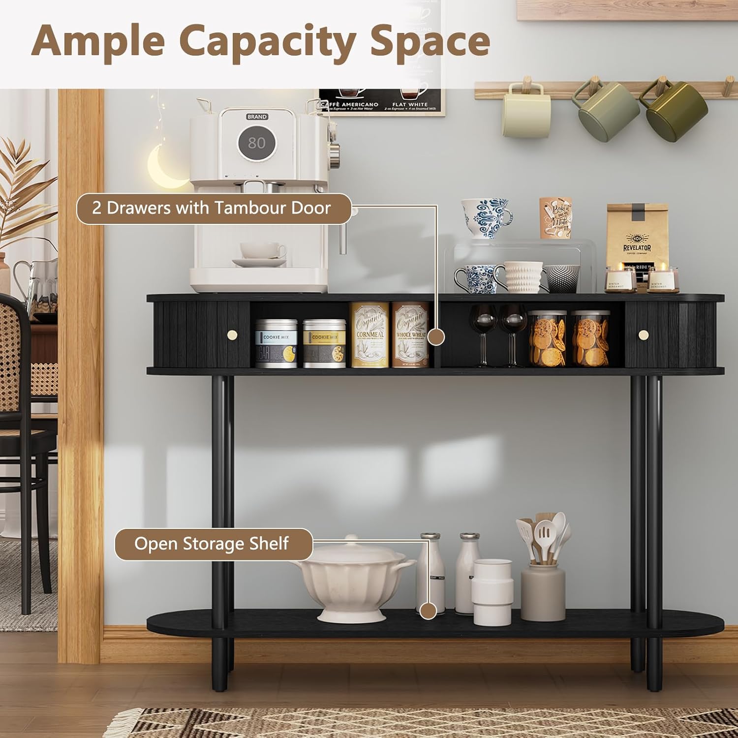 ARTPOWER 47.2' Modern Entryway Table with Wood Tambour Door, Accent Behind Couch Sofa Console with Storage, Fluted Side Table for Hallway, Living Room, Foyer, Black