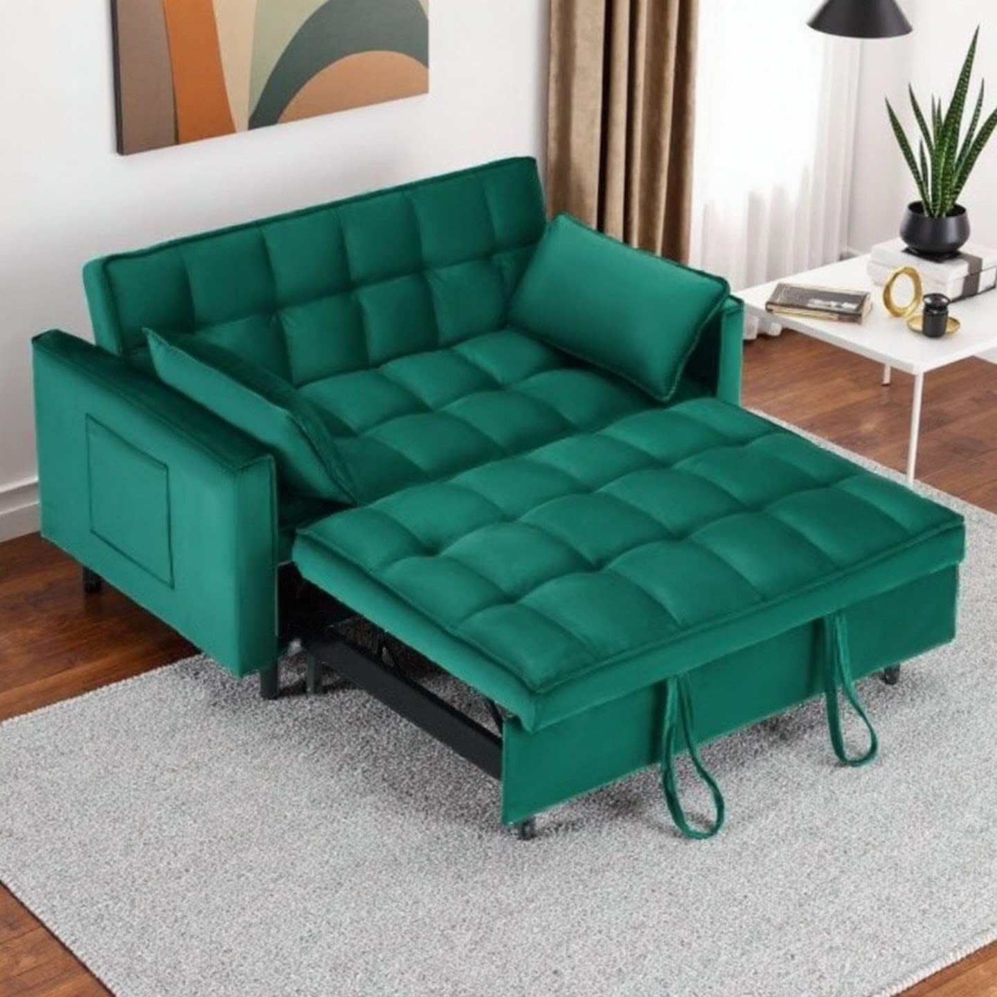 55in Pull Out Sofa Bed, 3 in 1 Convertible Sleeper Sofa Bed with Side Pockets & Adjustable Backrest, Velvet Fabric Loveseat Pull Out Couch for Living Room Bedroom Apartment & RV, Green