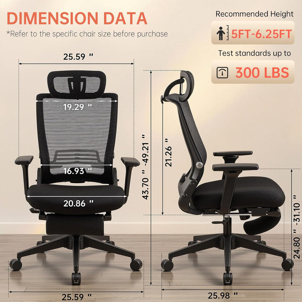 Foldable Office Chair with Foot Rest, Ergonomic Office Chair with Adjustable Lumbar Support, Headrest, Armrest, Home Office Desk Chairs for Space Saving, Work from Home, Black