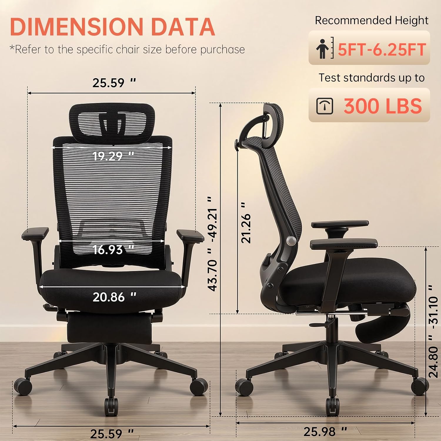 Foldable Office Chair with Foot Rest, Ergonomic Office Chair with Adjustable Lumbar Support, Headrest, Armrest, Home Office Desk Chairs for Space Saving, Work from Home, Black