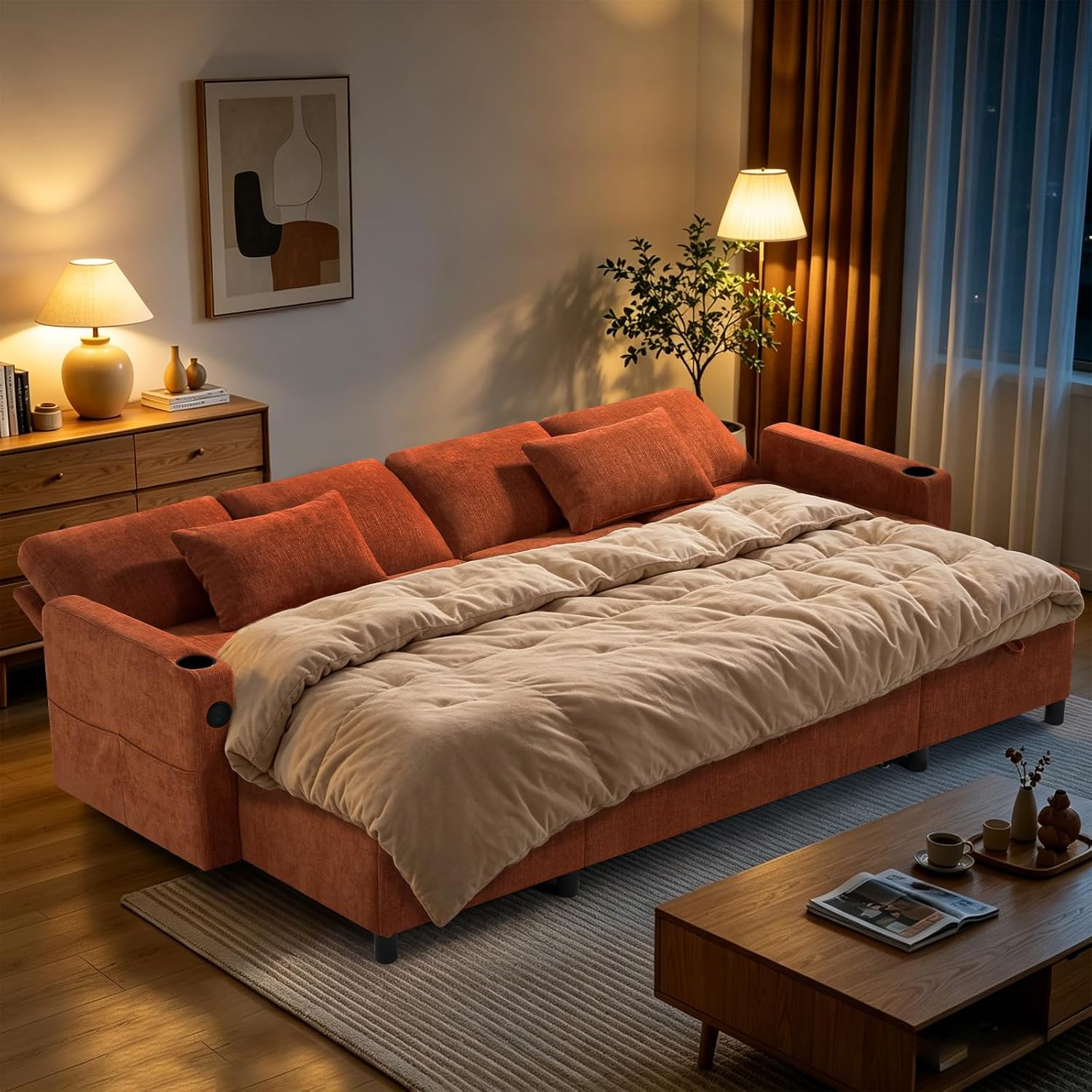 110' Chenille Pull-Out Couch Bed w/Adjustable Backrests, Sectional Sleeper Sofa w/USB Ports & 2 Cup Holders, Upholstered U-Shaped Couch w/Storage Chaise for Living Room, House, Orange