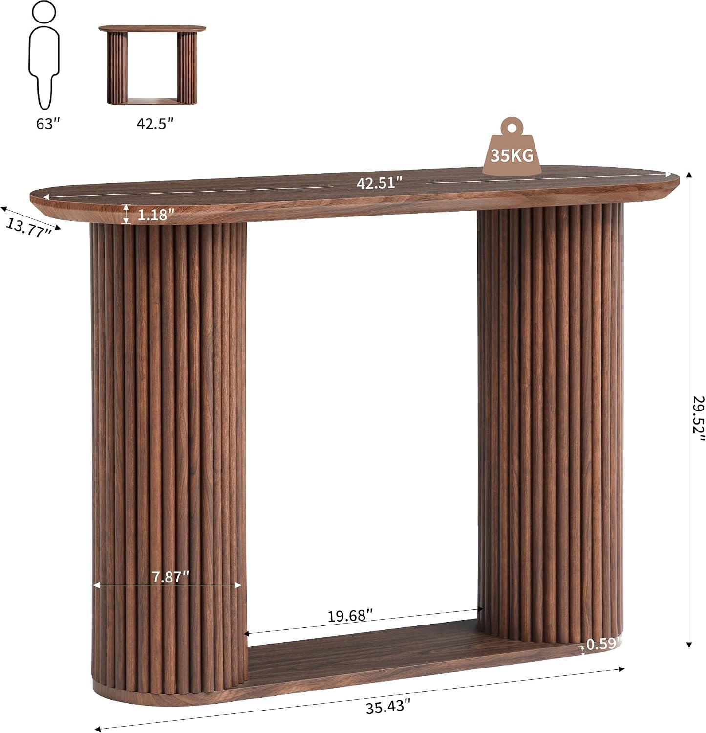 Fluted Console Table, Farmhouse Oval Curved Entryway Table with Storage and Fluted Wood Legs, Narrow Small Long Entry Sofa Table for Entrance, Hallway, Living Room (Walnut)