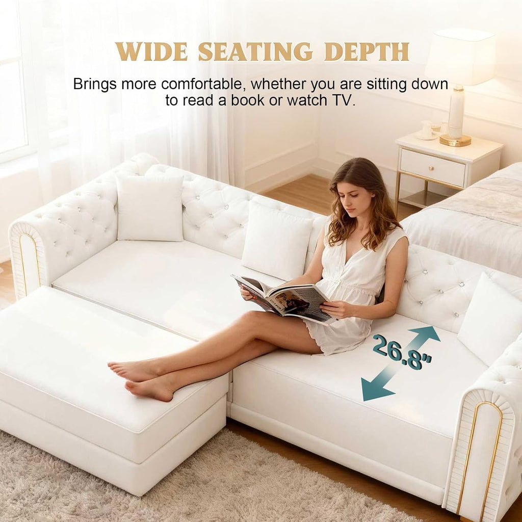 90.6'' Futon Sofa Bed, Chesterfield Velvet Sleeper Sofa, Convertible Floor L-Shaped Couch, Tufted Back, 4 Pillows, Gold Edge Trim, Deep Loveseat Couches for Living Room, Apartment, Gold Beige
