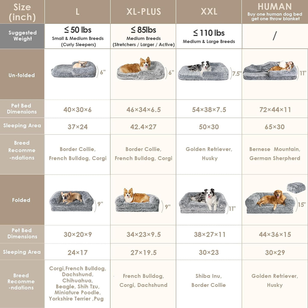 EHEYCIGA Foldable Human Dog Bed, 72'x44'x11' Orthopedic Memory Foam Human Sized Dog Bed, Waterproof Pet Bed for People, Faux Fur Pet Couch for Adult with Non-Slip Bottom, Grey