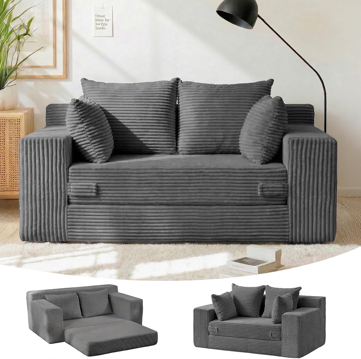 Winzon Boneless Loveseat, 3 in 1 Convertible Sofa Bed Sleeper Sofa Floor Futon Bed with 4 Pillows, 55' Grey Boneless Couch for Living Room, Guest Room, Small Space, No Assembly Required, Corduroy