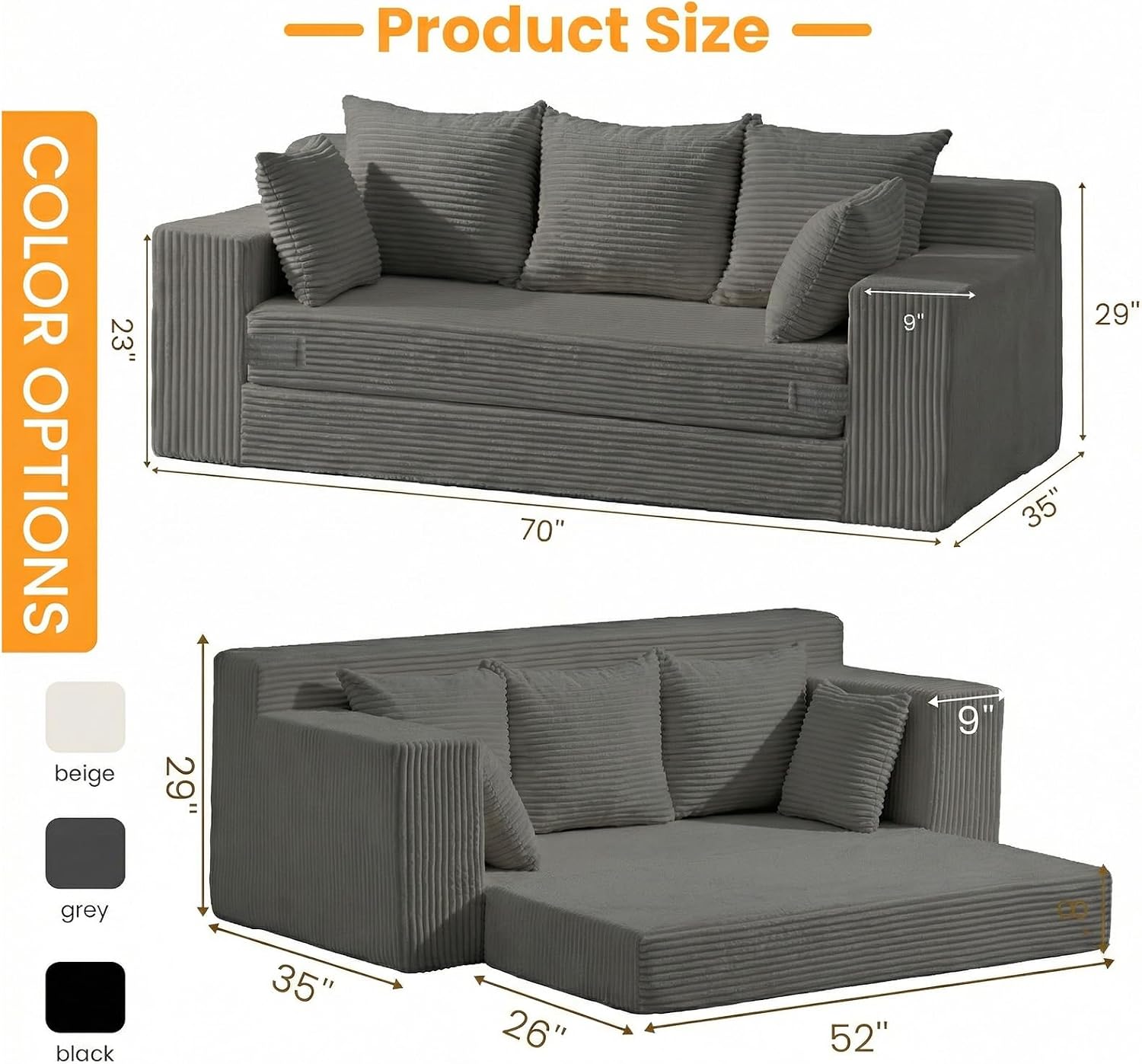 Oversized Boneless Loveseat, 3 Seater Pull Out Convertible Sofa Bed, 70' Gray Boneless Couch Fold Out Floor Couch Sleeper Sofa with 5 Pillows for Living Room Bedroom Lounge Small Space