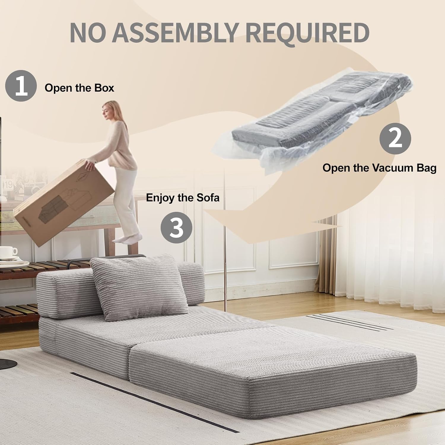 Folding Sofa Bed, Convertible Sleeper Chair with Pillow, Single Sofa with Back Support, Portable Fold Out Chair Cloud Couch Bed, Comfy Floor Sofa Lounge for Living Room Bedroom, Light Grey