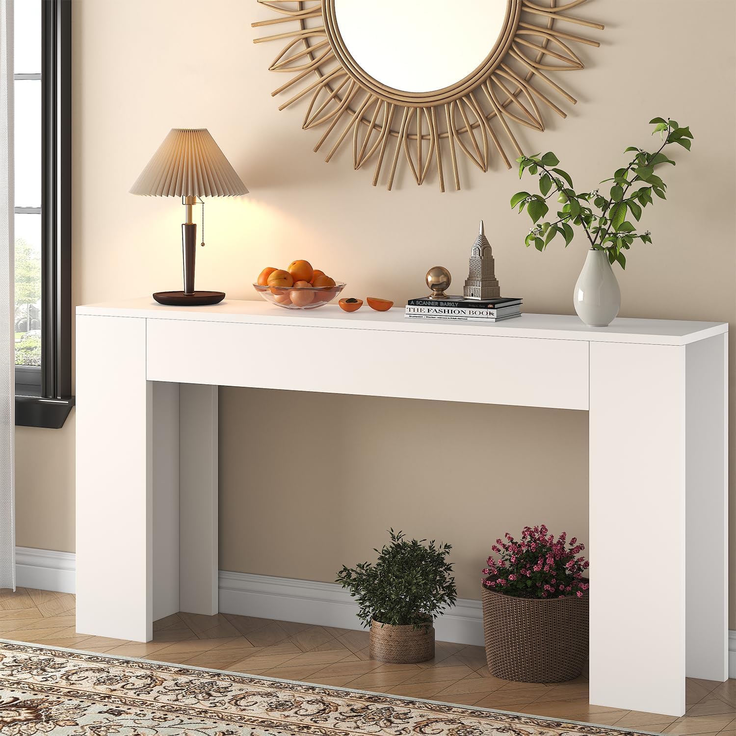 knoworld 63-Inch Long Console Table with LED Light, Farmhouse Sofa Table Behind Couch, Wooden Console Table for Entryway Hallway Entrance Living Room, White